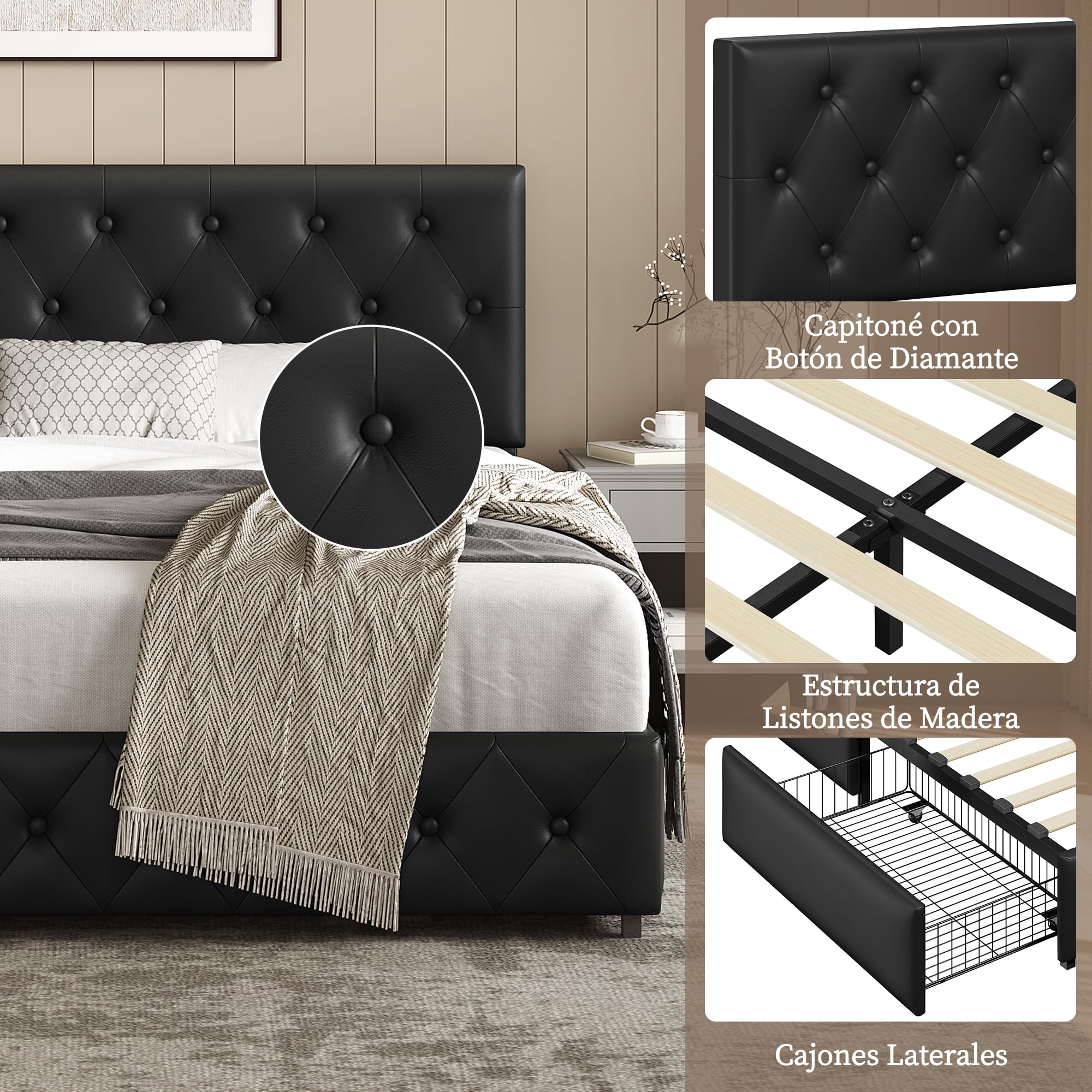 Yaheetech Cama Tapizado con Cabecero Ajustable en Altura 2 Cajones con Ruedas Espacio de Almacenamiento Cama Doble Matrimonial 160 x 200 cm Negro