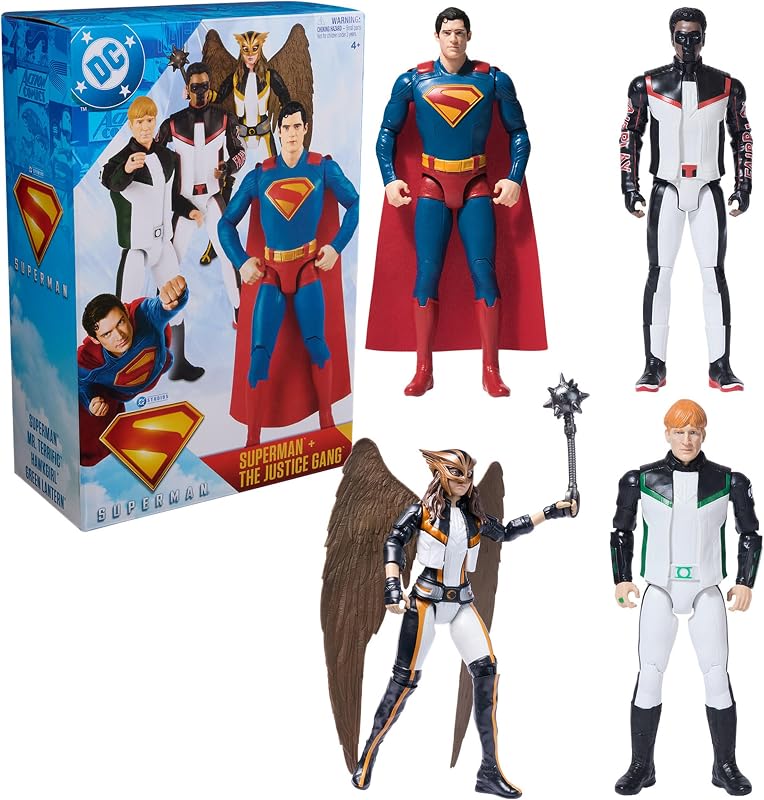 Juego de figuras de acción de DC Comics, paquete de 4 de 12 pulgadas | Superman, Linterna Verde, Hawkgirl y Mr Terrific, 11 puntos de articulación, juguetes de superhéroes para niños y coleccionistas a partir de 4 años