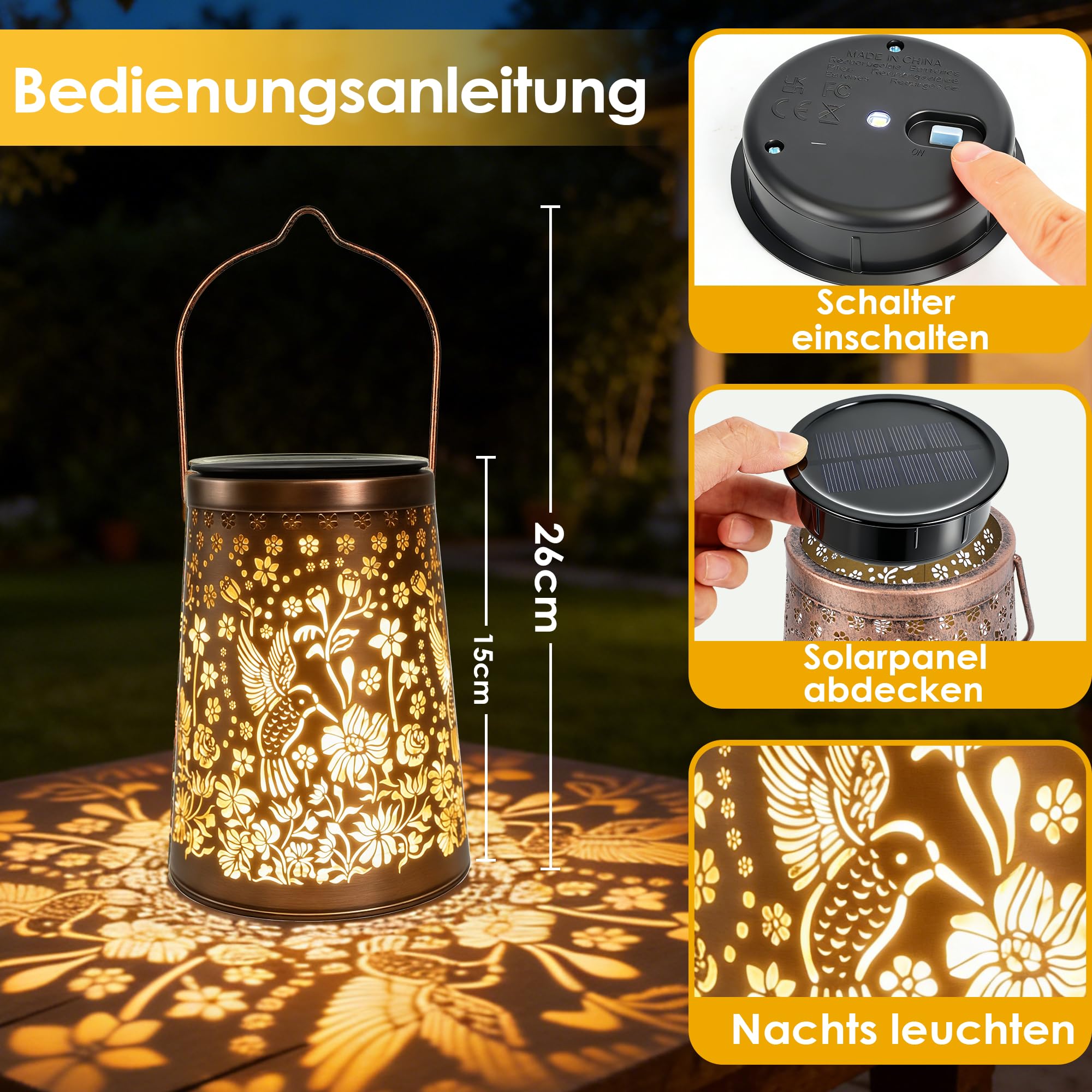 Solarlaterne für Außen 2 Stück, Kolibri Solarlampen für Außen Garten IP65 Wasserdicht Metall Solarlampen für Außen Hängend Geschenke für frauen Mama Oma für Deko Garten Balkon Terrasse