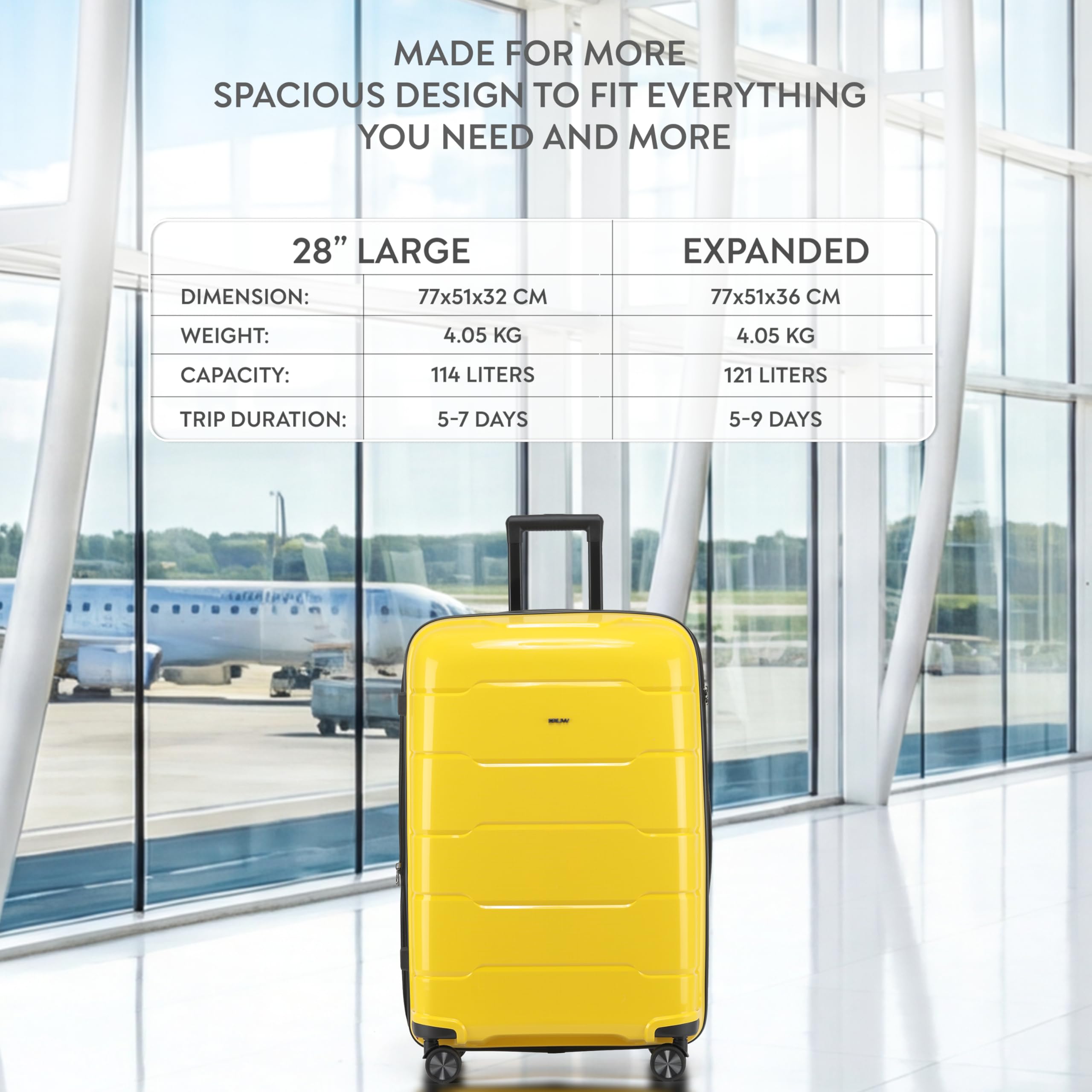 CRUW Large 28" Checked Luggage 77x51x32cm + Expandable Hold Baggage (114/121 Liters) Polypropylene Suitcase TSA Approved Lock 8 Silent Spinner Wheels Lightweight Suitcases Airline-Approved Travel