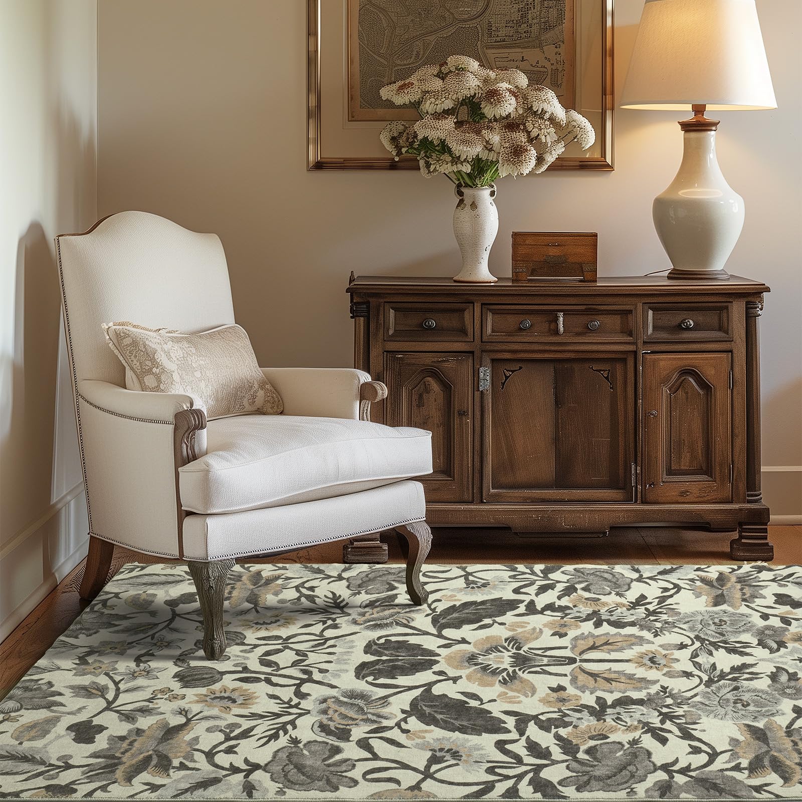 EVERGRACE Area Rugs for Living Room 4x6, Boho Floral Faux Wool Indoor Outdoor Rugs, Washable Rugs for Bedroom Entryway Dining Room Hallyway, Low Pile