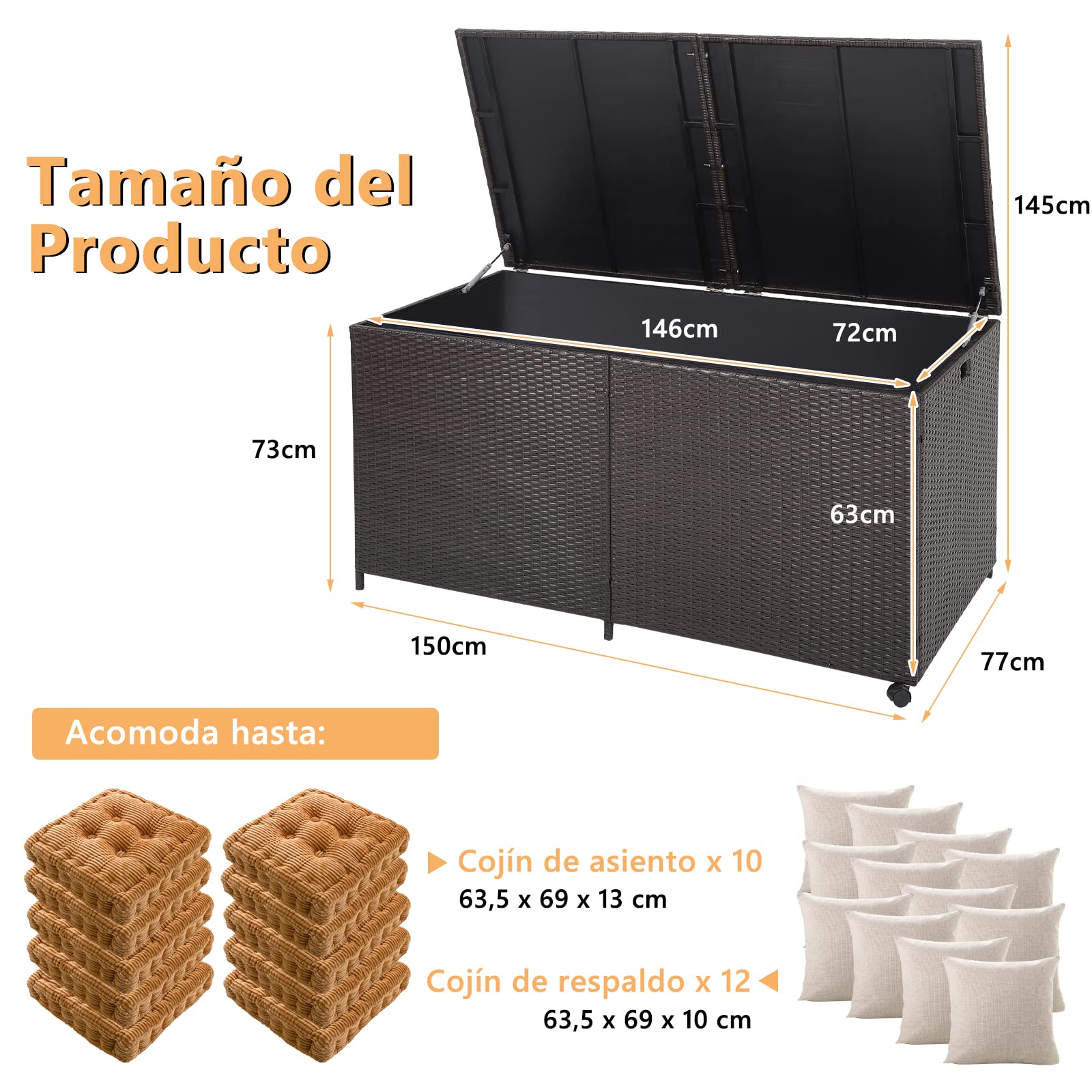 COSTWAY Arcon Jardin Exterior 662L, Baúl de Almacenamiento con Ruedas, Caja de Almacenamiento Grande de Ratán, 150 x 77 x 73 cm