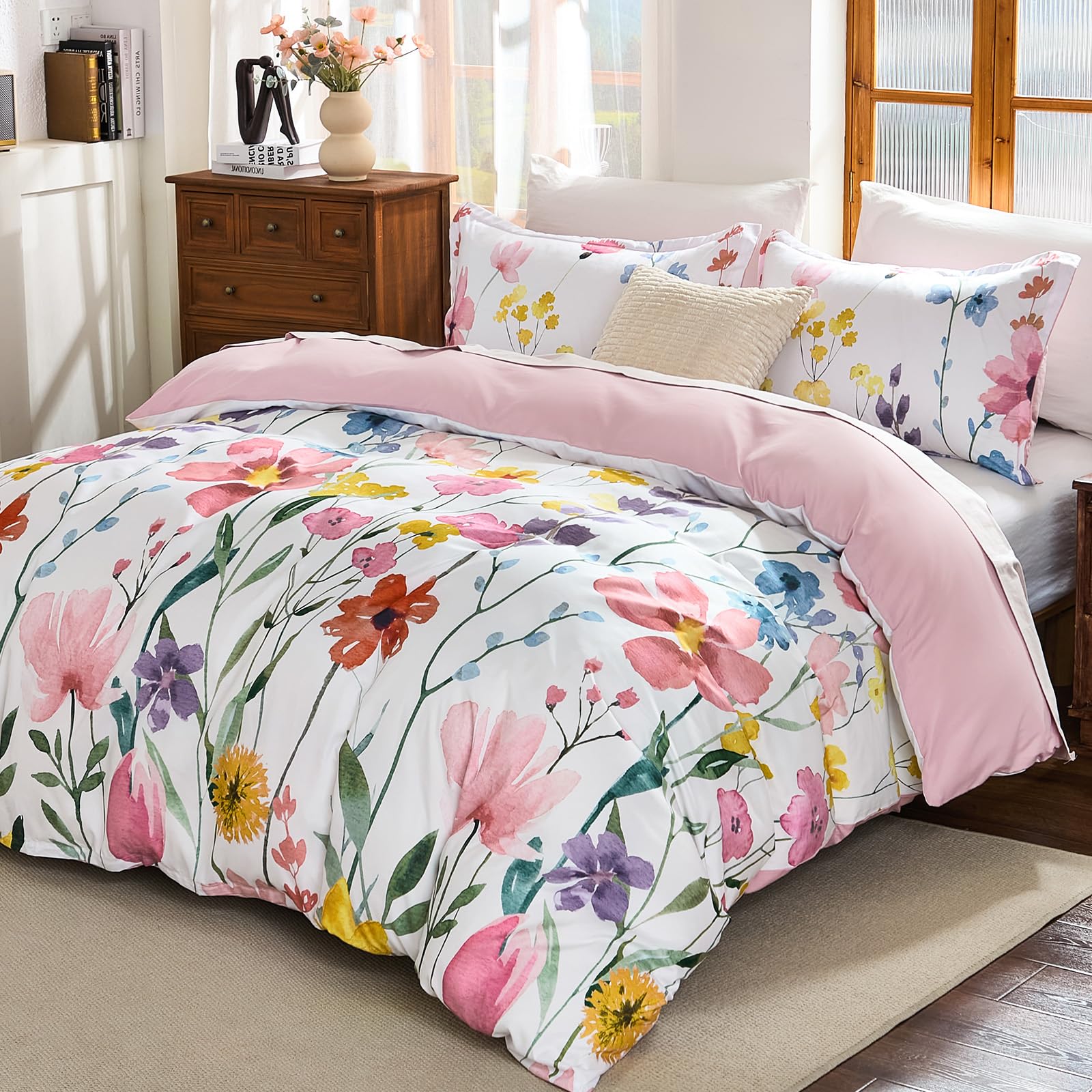 WONGS BEDDING King Size Duvet Cover Sets Floral Bedding Sets Ultrasoft Quilt Cover with 2 Pillowcase, 230x220 cm, Pink