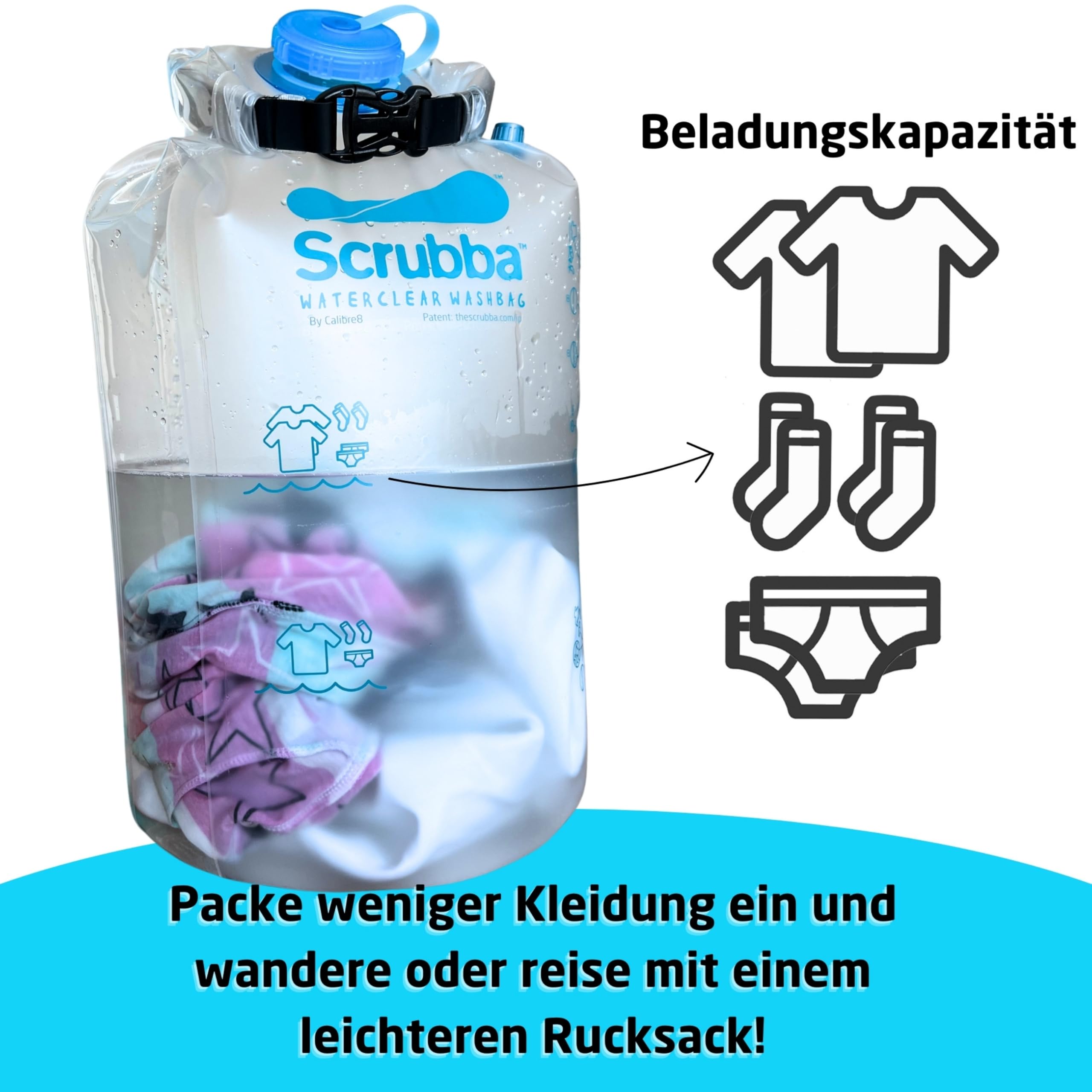 Scrubba WATERCLEAR Waschbeutel - Tragbare Waschmaschine mit breiter Einfüllöffnung - Für Camping, Hotels, Reisen & Babywäsche - Manuell, kompakt & leicht - Waschbeutel für unterwegs - 195g