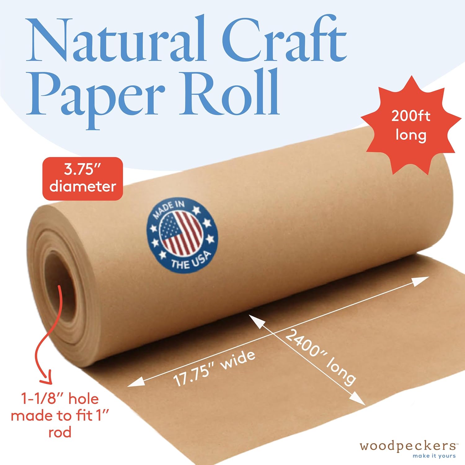 Brown Kraft Paper Roll 17-3/4 inch Wide, 2400 inch Long, 1 Roll, Jumbo Roll for Eco Friendly Christmas Gift Wrapping Paper and Packing Paper, by Woodpeckers