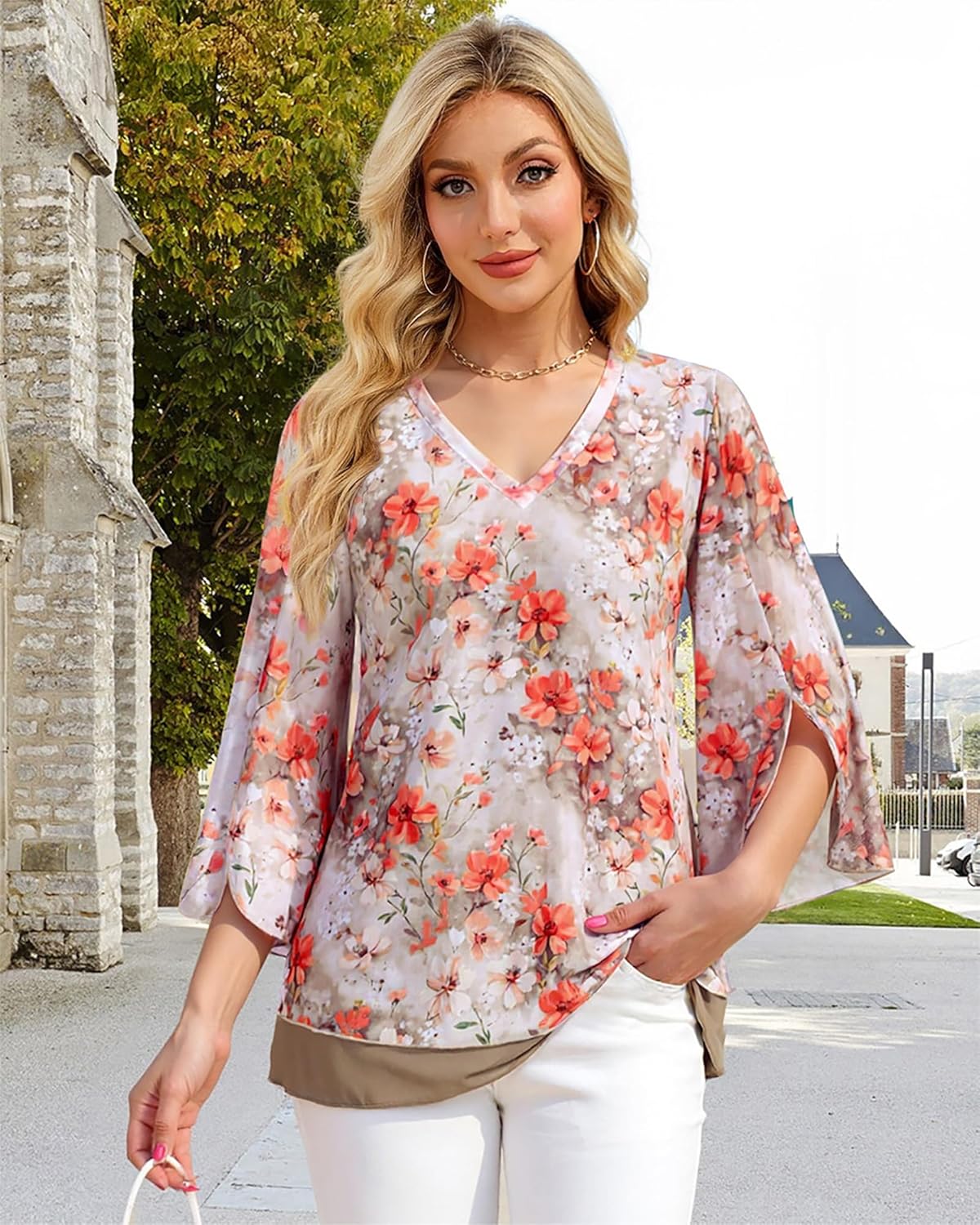 Timeson Women's 3/4 Sleeve Floral Blouses Shirts Double Layers V Neck Dressy Tunics Tops - Image 3