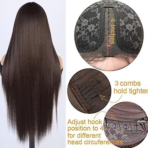 Miniatura 2 de Missyvan - Peluca con encaje al frente, pelo liso color castaño de 22 pulgadas de largo, peluca larga, pelo de fibra resistente al calor, pelucas