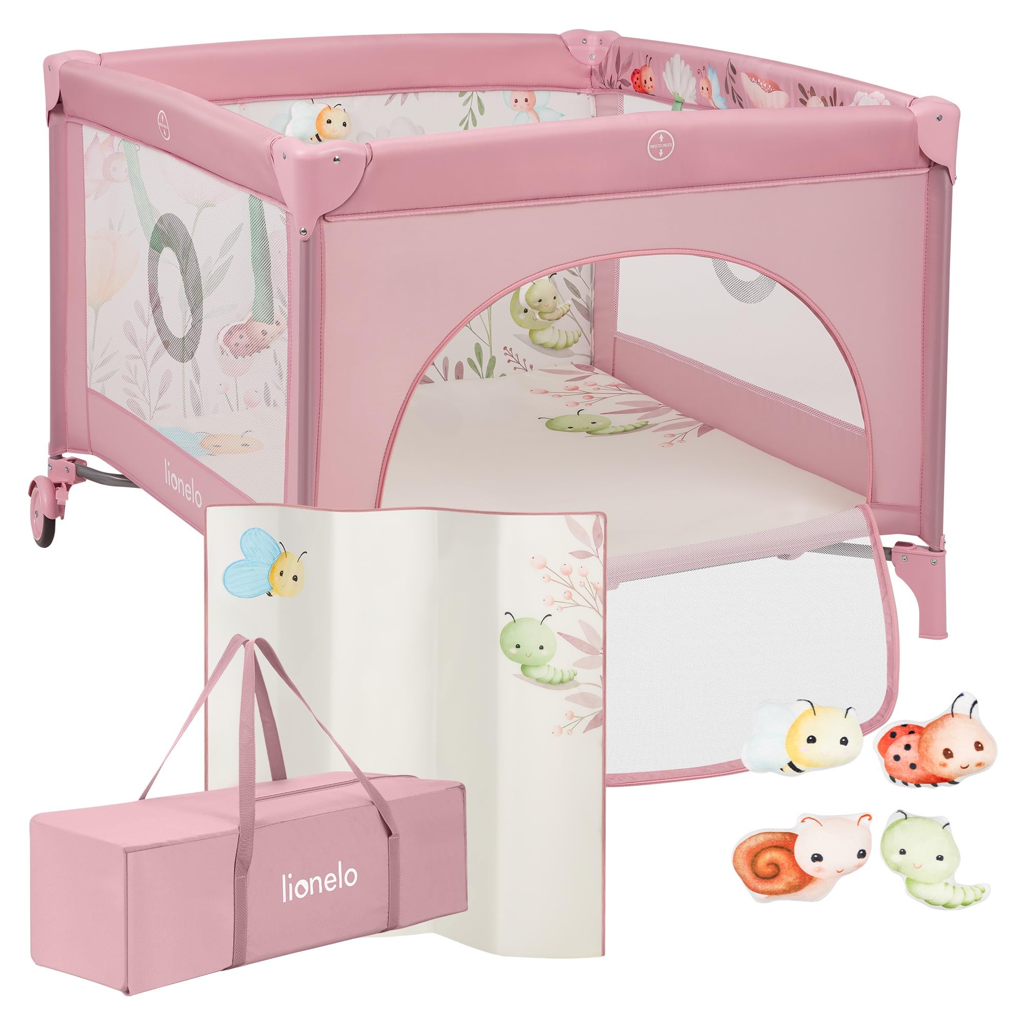lionelo Box per bambini e Lettino da Viaggio MILLE 2 in 1, 100 x 100 cm, Fino a 15 kg / 0 a 36 mesi, con Materasso 3D, Ingresso laterale con chiusura lampo, Ruote con freno, Facile da piegare