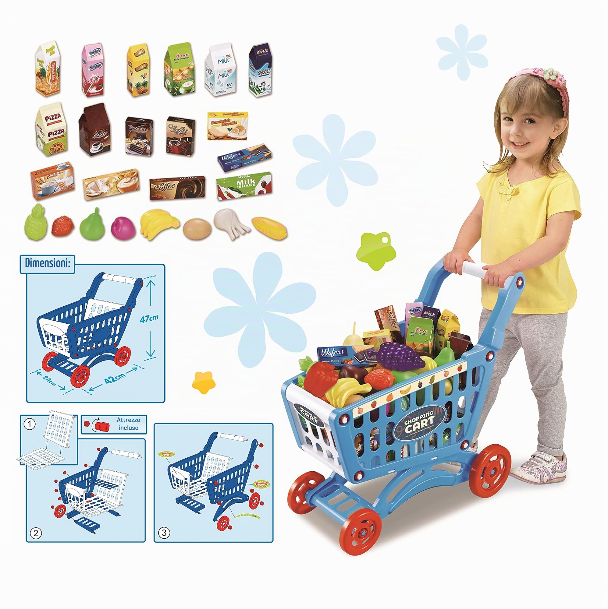 RedCrab Carrello Spesa Bambini Giocattolo, Set di Accessori per Negozio da 54 Pezzi Supermercato Giocattolo per Bambini, Regalo per Giocattoli Educativi