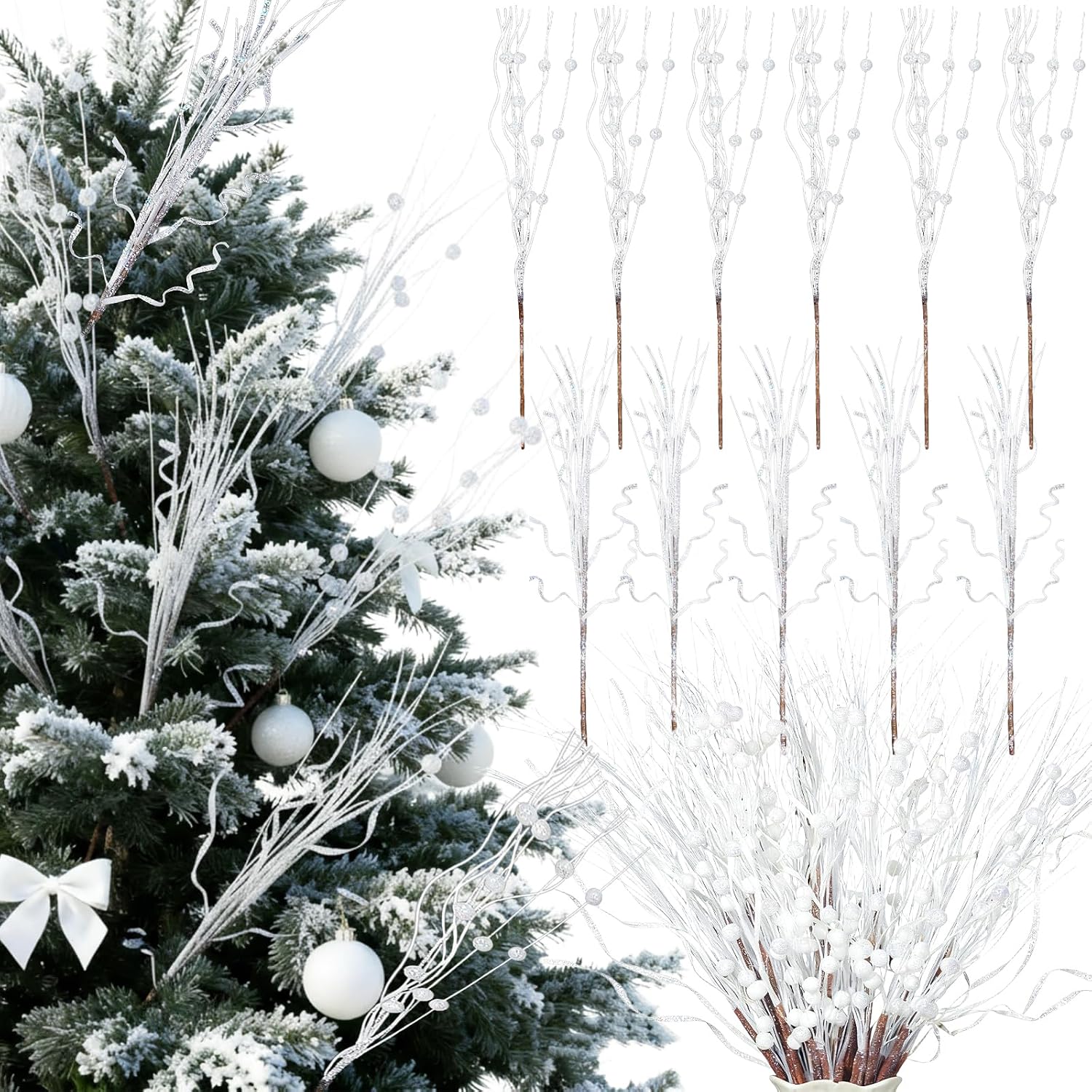 Crowye Christmas Tree Picks Glitter Berry Stems, White