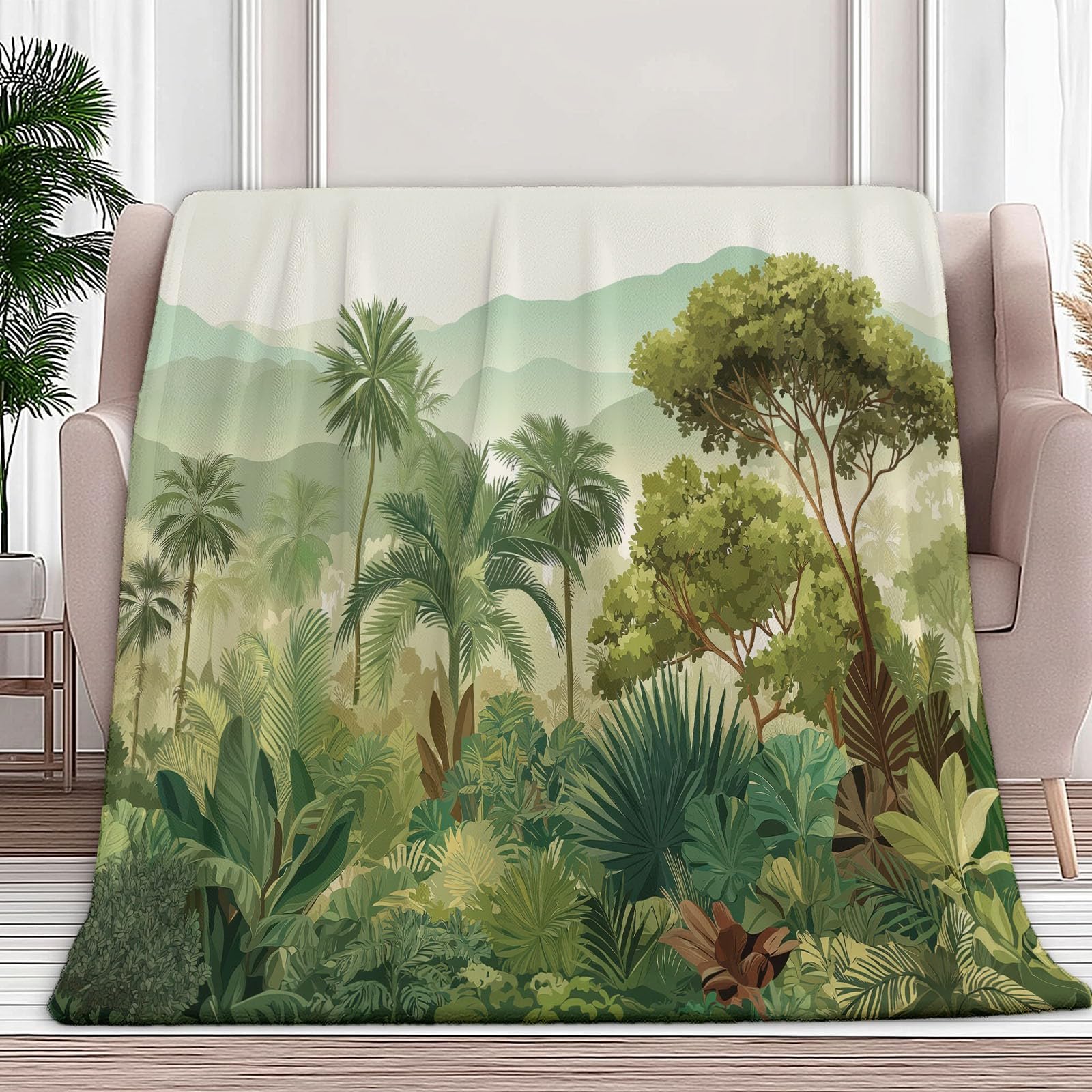 Flanelowy koc krajobraz lasu deszczowego wilgotne drzewa palmowe 150 x 200 cm Koce polarowe z mikrofibry Polar Wszystkie pory roku na podróż Sofa do podróży Łóżko Sofa Dzieci Dorośli, Zielony