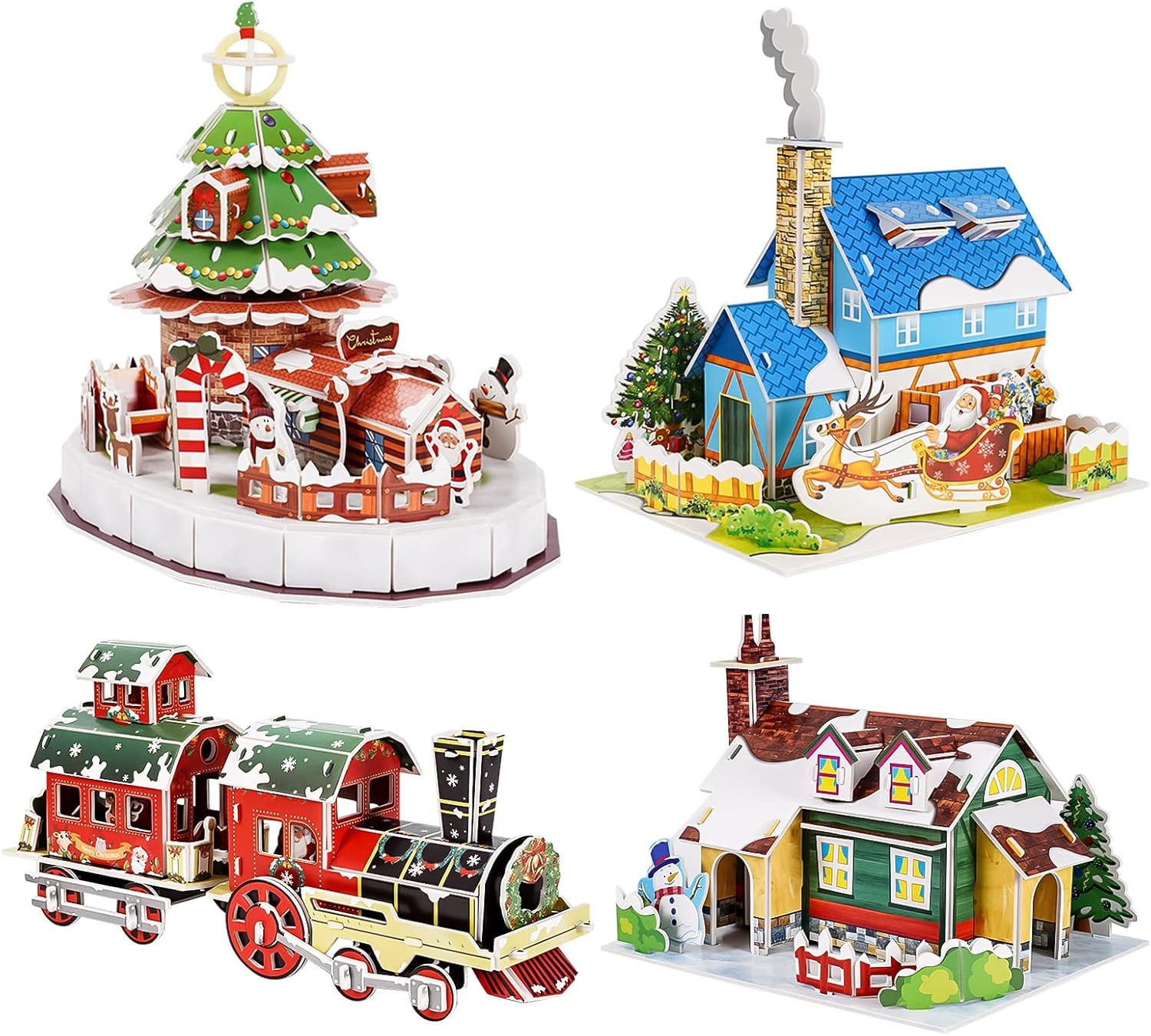 Whaline Christmas Puzzle Toy Set 3D Cute Jigsaw Paper Model Winter Simple Puzzle Paper and EPS Foam Board Toys for Kids Gift Santa Xmas Tree Cottage Train Creative DIY Model Building kit for Toddler