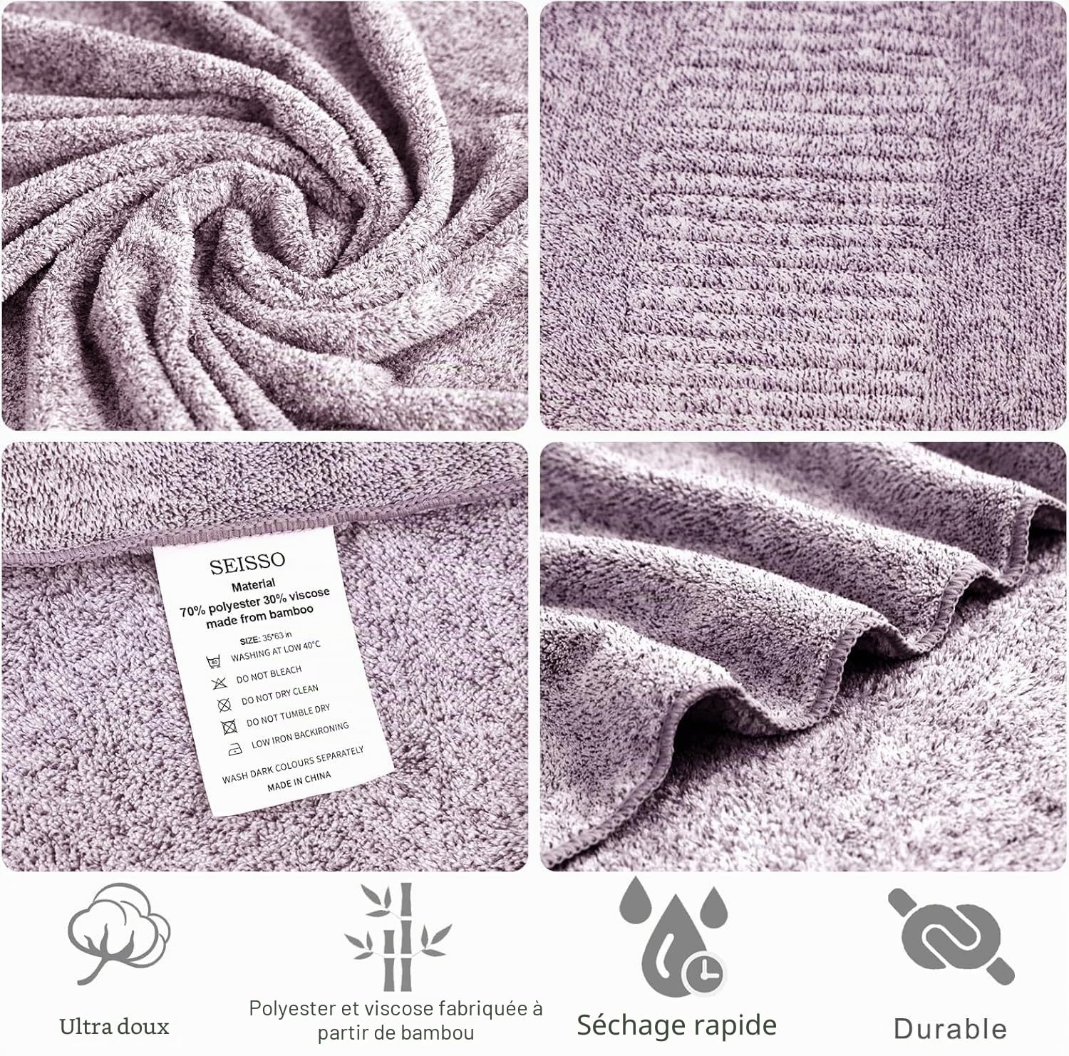 SEISSO 2 Serviettes de Bain Bambou 88.9x160 cm Grand Format, Extra Douces, Haute Absorption, Séchage Rapide, Couleur Violette XXL