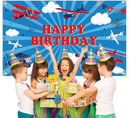 Miniatura 5 de Avezano Telón de fondo de feliz cumpleaños de avión para niños, decoración de fiesta de cumpleaños de avión, pancarta temática de moscas de cielo