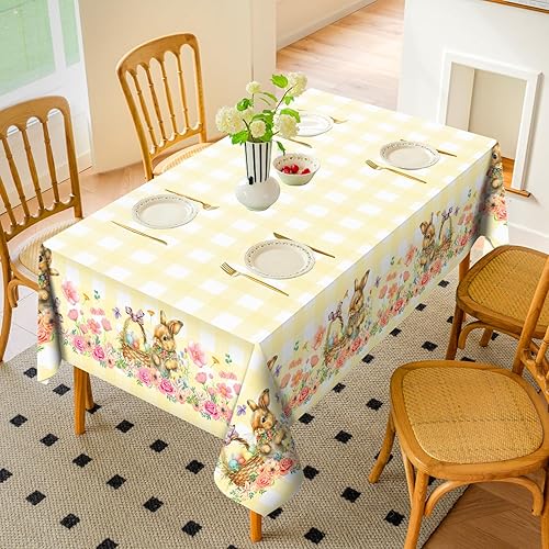 Miniatura 2 de Romanstile Mantel rectangular de primavera de Pascua, diseño de conejito de flores y huevos, a cuadros, mantel decorativo de tela resistente a las