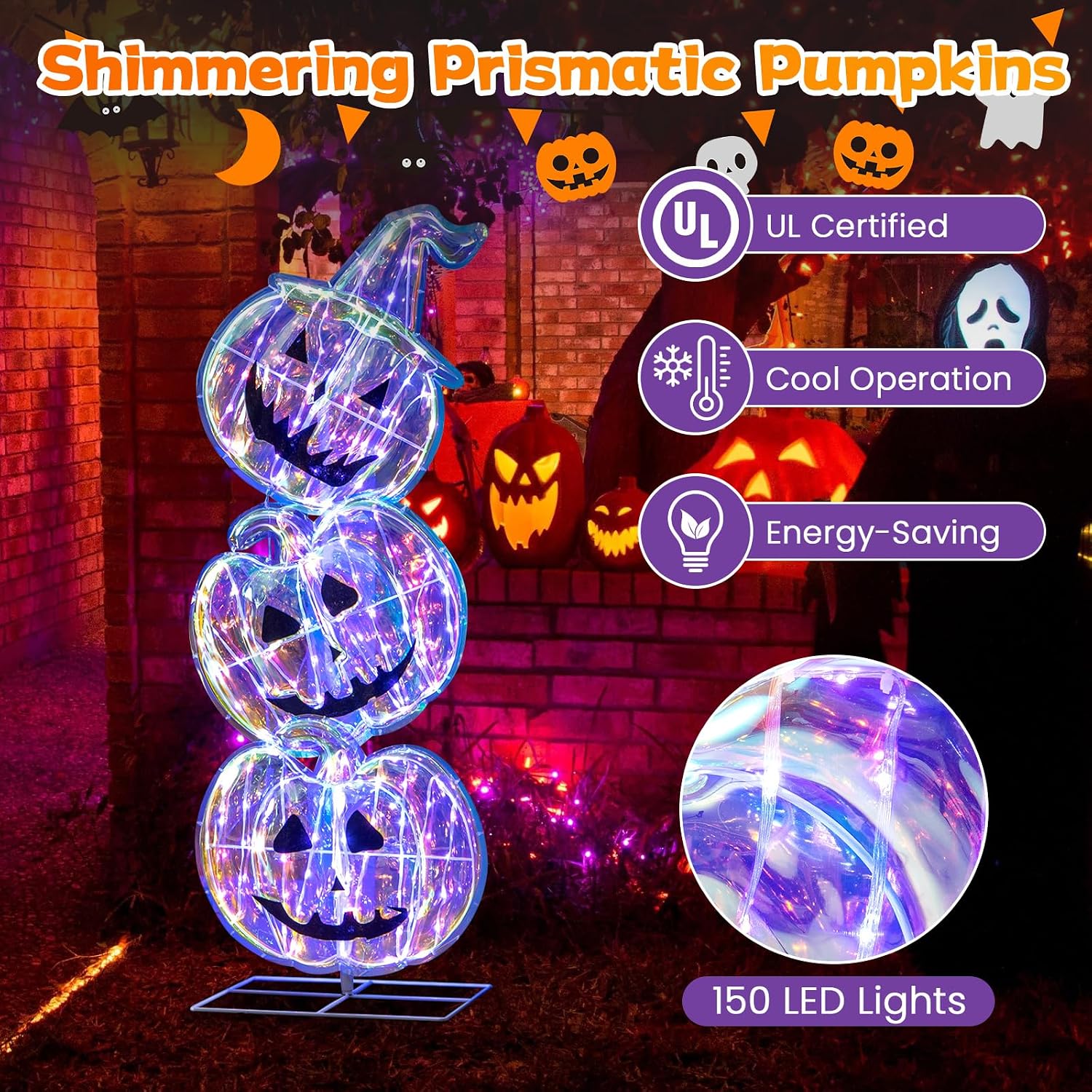 Goplus 3.4 Ft Halloween Decorations, Light up Stacked Pumpkins with 150 LED Lights, Standing Prismatic Iridescent Decoration, Cute Indoor Outdoor Halloween Lighting Decor for Porch Patio Yard Party
