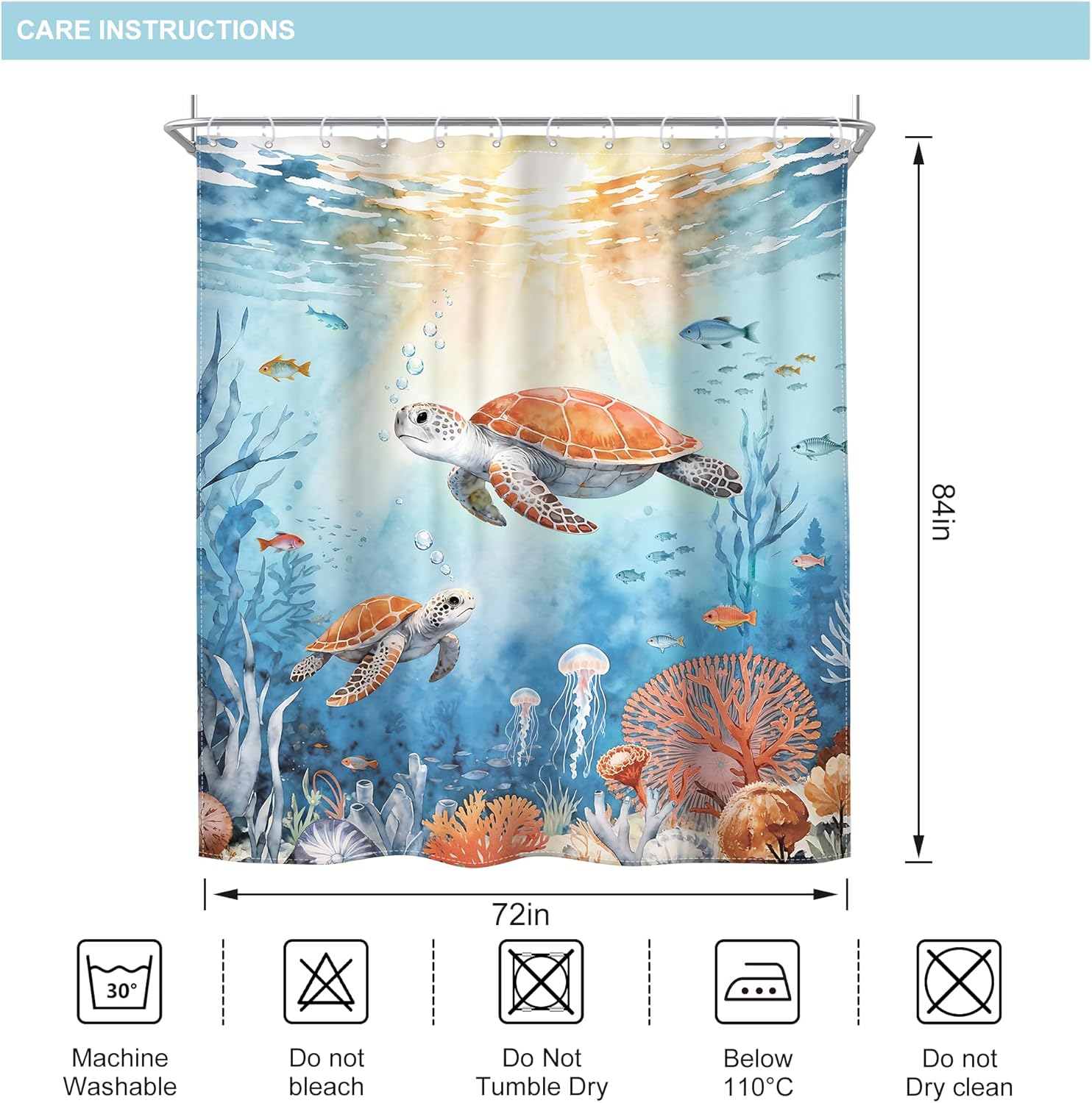 Riyidecor Sea Turtle Shower Curtain Extra Long Orange Blue Ocean Beach Coastal Watercolor Seaweed Sunrise Underwater Animal 72Wx84H Inch Sunset Fabric Decor Bathroom Polyester Waterproof 12 Pack Hooks