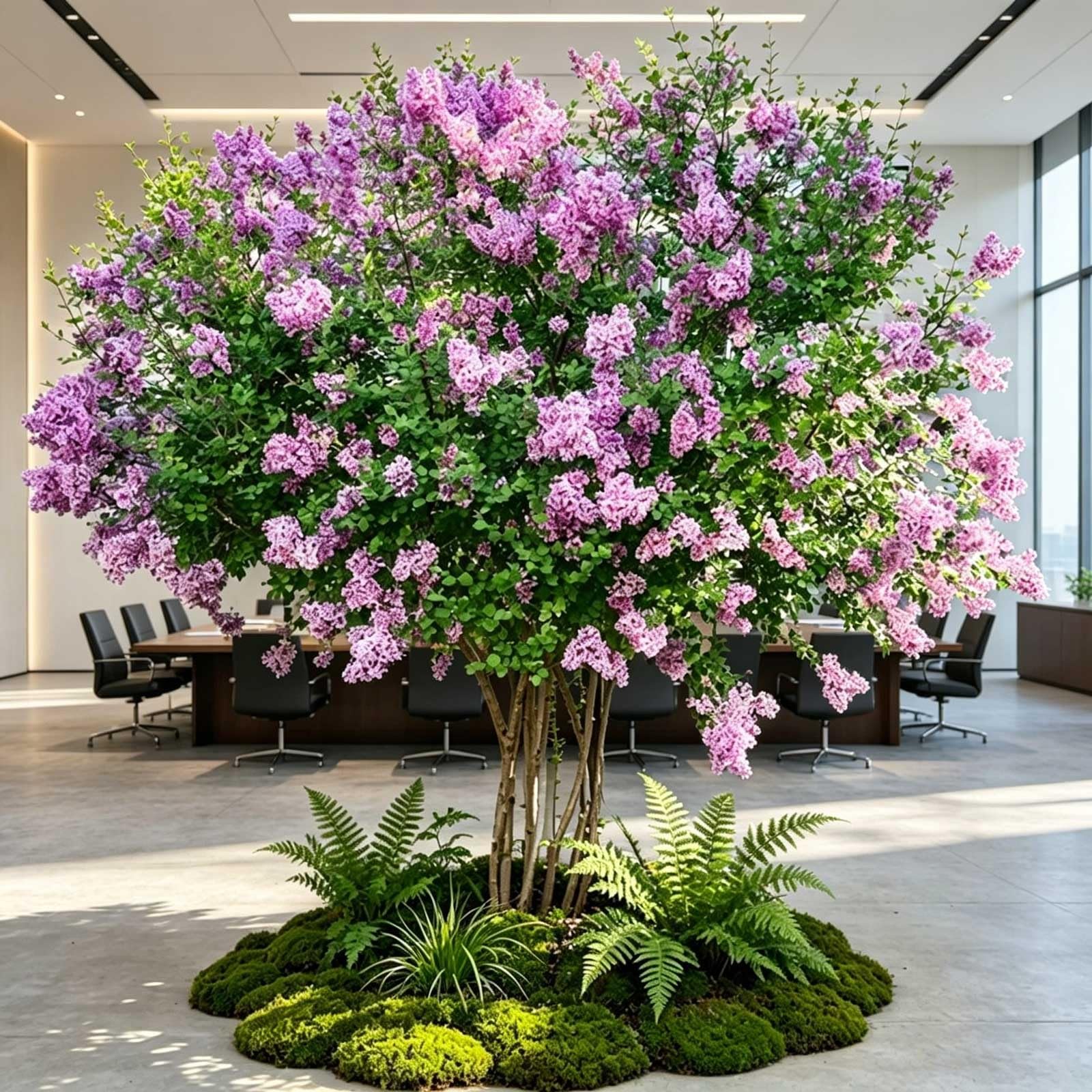 KIBONCY Premium Artificial Purple Lilac Blossom Tree, Dense Flower Clusters Fake Lilac Tree with Green Fern & Moss, Indoor Large Landscape Ornament(3.5x2.5m)