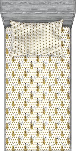 Ambesonne Guitar Fitted Sheet & Pillow Sham Set, Hand Drawn Style Pattern with Musical Instruments Notes Polka Dots Retro, Decorative Printed 2