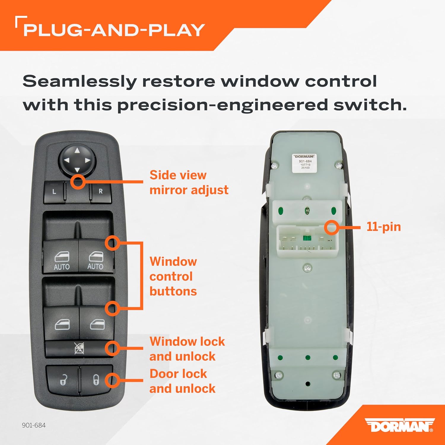 Dorman 901-684 Front Driver Side Master Window Switch - 10 Button Compatible with Select Dodge/Jeep Models