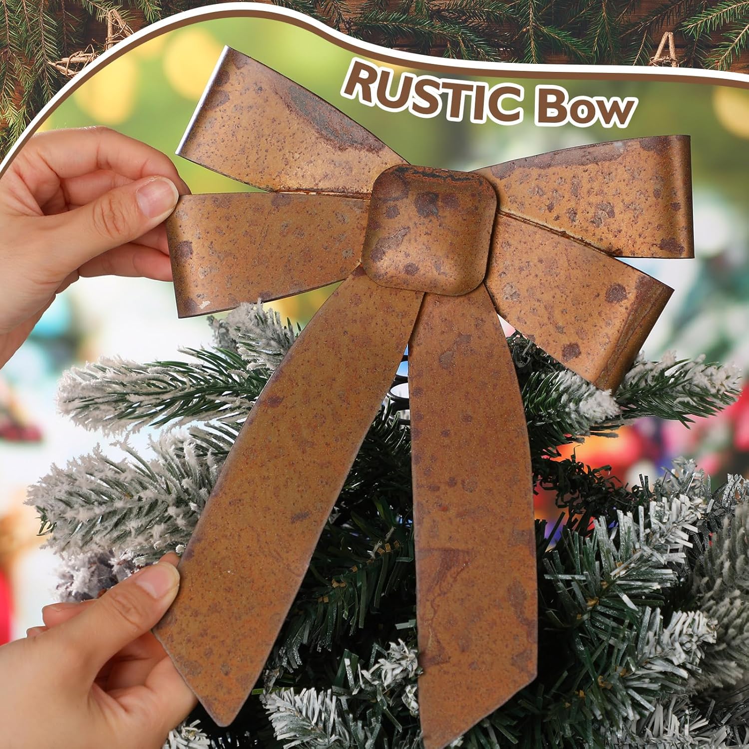 Sumind 10 Inch Rustic Christmas Metal Bow Tree Topper Gold Rusty Bow Ornaments Farmhouse Christmas Tree Topper Vintage Metal Xmas Bows for Home Indoor Outdoor Party Decorations Party