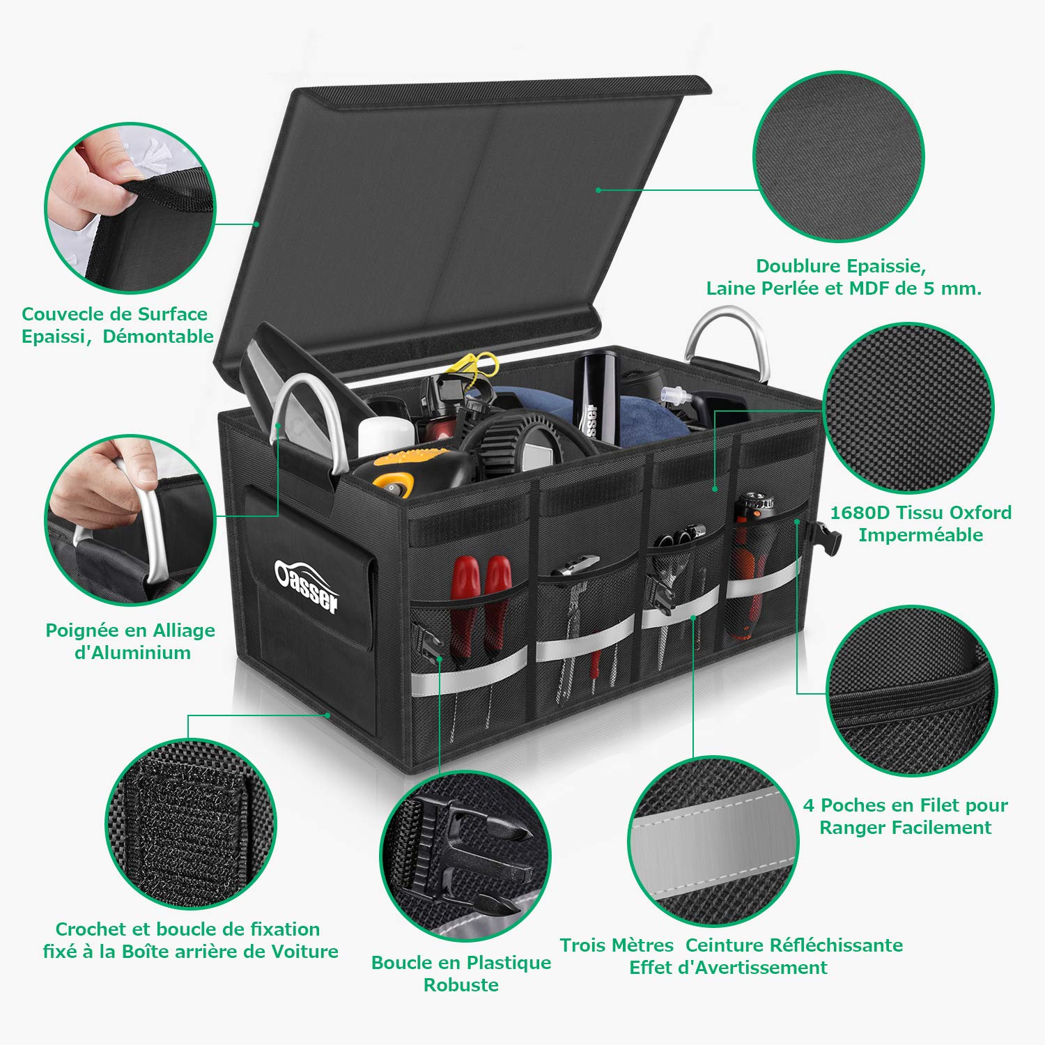 Oasser - Organizador para maletero de coche (65 L, en 1680D, soporte 50 kg, impermeable, multicompartimiento plegable, con tapa plegable y banda reflectante, para SUV y camiones