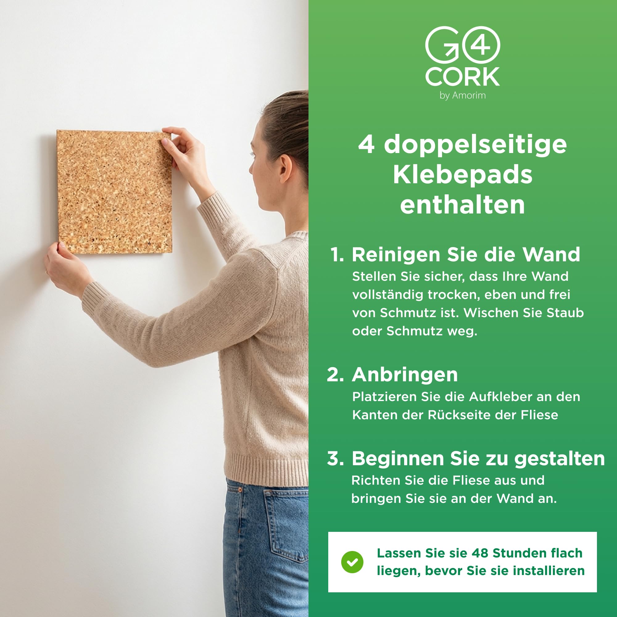 Go4Cork Quadratische Korkplatte 21,5 x 21,5 cm - 4er-Pack | Doppelseitige Premium Öko Korkfliesen | Vielseitig einsetzbar für Basteln, Zuhause, Ordnung im Büro | Rutschfest & leicht verwendbar