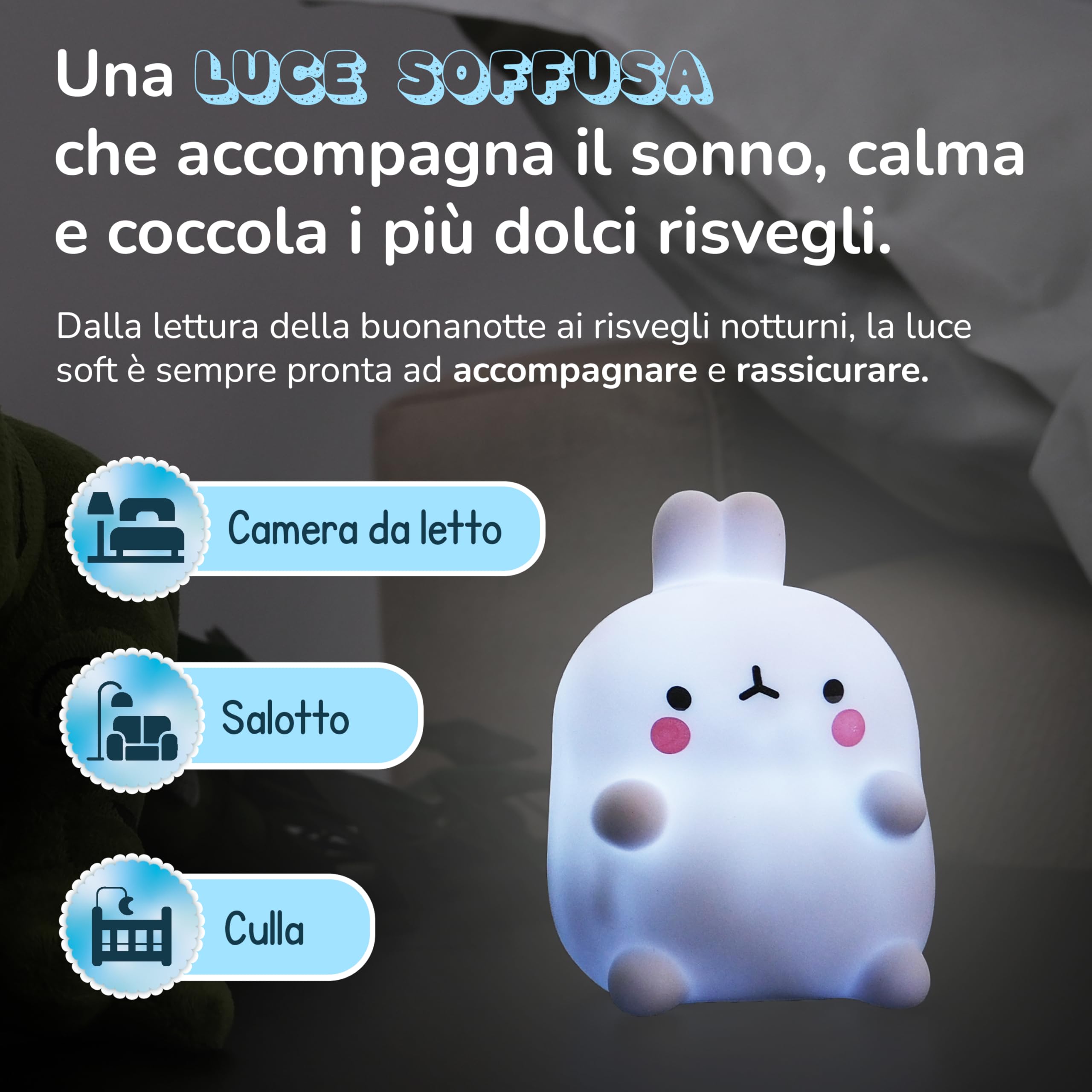 Luce Notturna Bambini a Forma di Coniglietto, Lampada Morbida, Sicura e BPA Free per Neonato, Portatile per Culla, Lettino e Cameretta, Perfetta per una Nanna Tranquilla