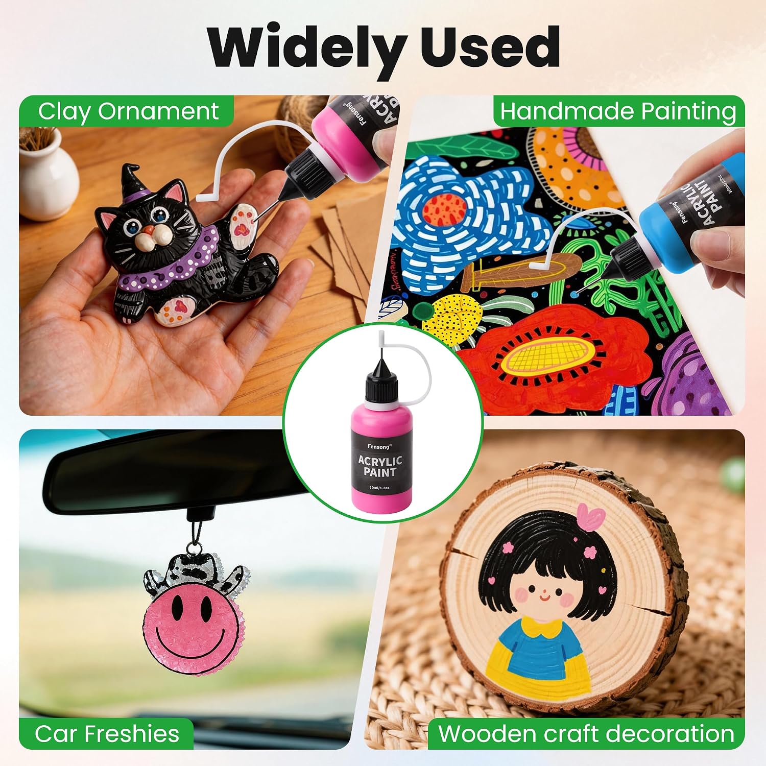 Acrylic Paint Set 12 Colors, 30ml Paint Bottles with Precision Applicator Tip, Water-Based Craft Paint for Car Freshie Painting, Wood, Rock, Fabric, Detail Painting and DIY Projects