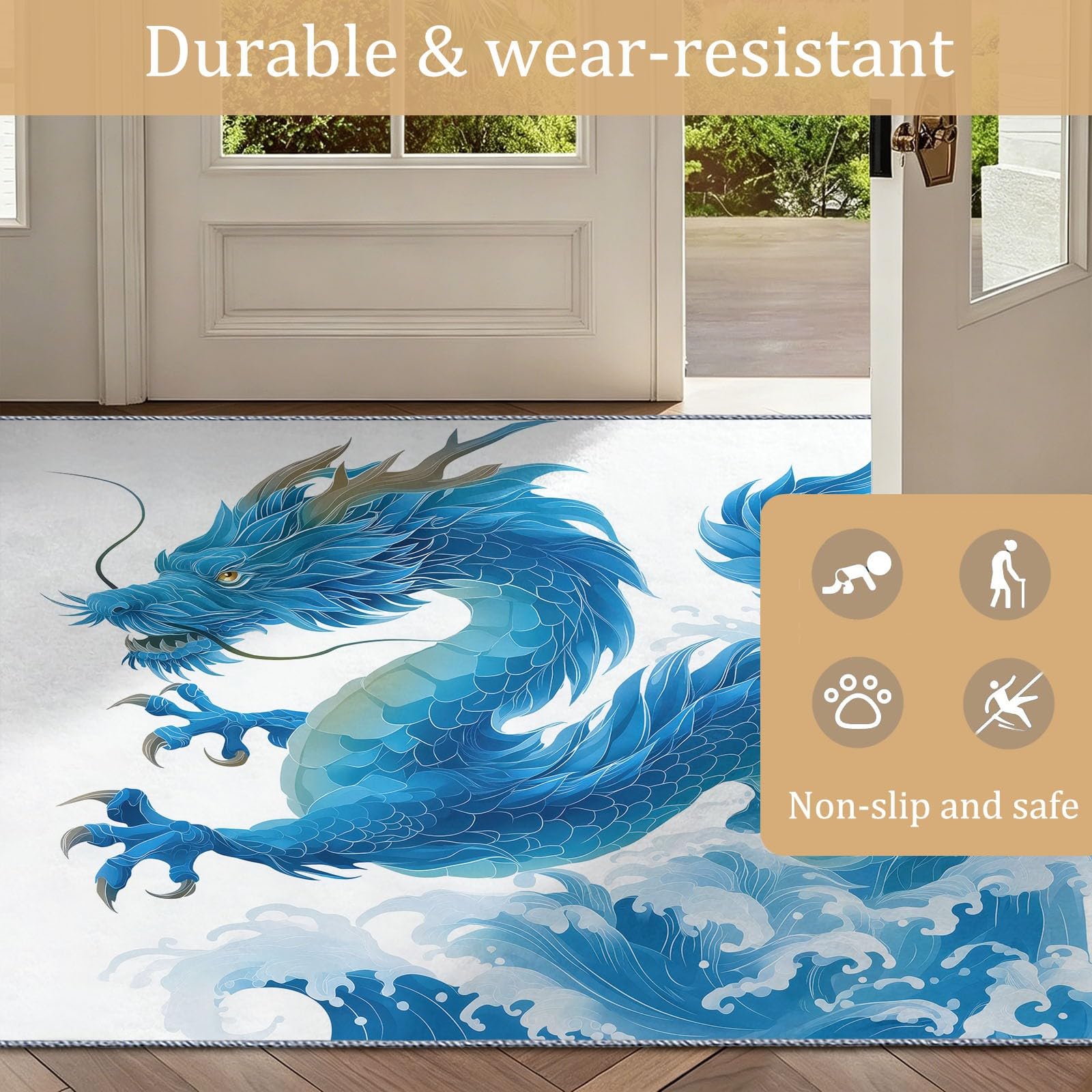Tapis Large Blanc 150 x 210 cm Lavable, Tapis Peinture Animale Dragon Vagues Océan, Antidérapant, Poils Courts Rug, Non-Fussel, Résistant pour Salon, Chambre, Bureau et Salle à Manger