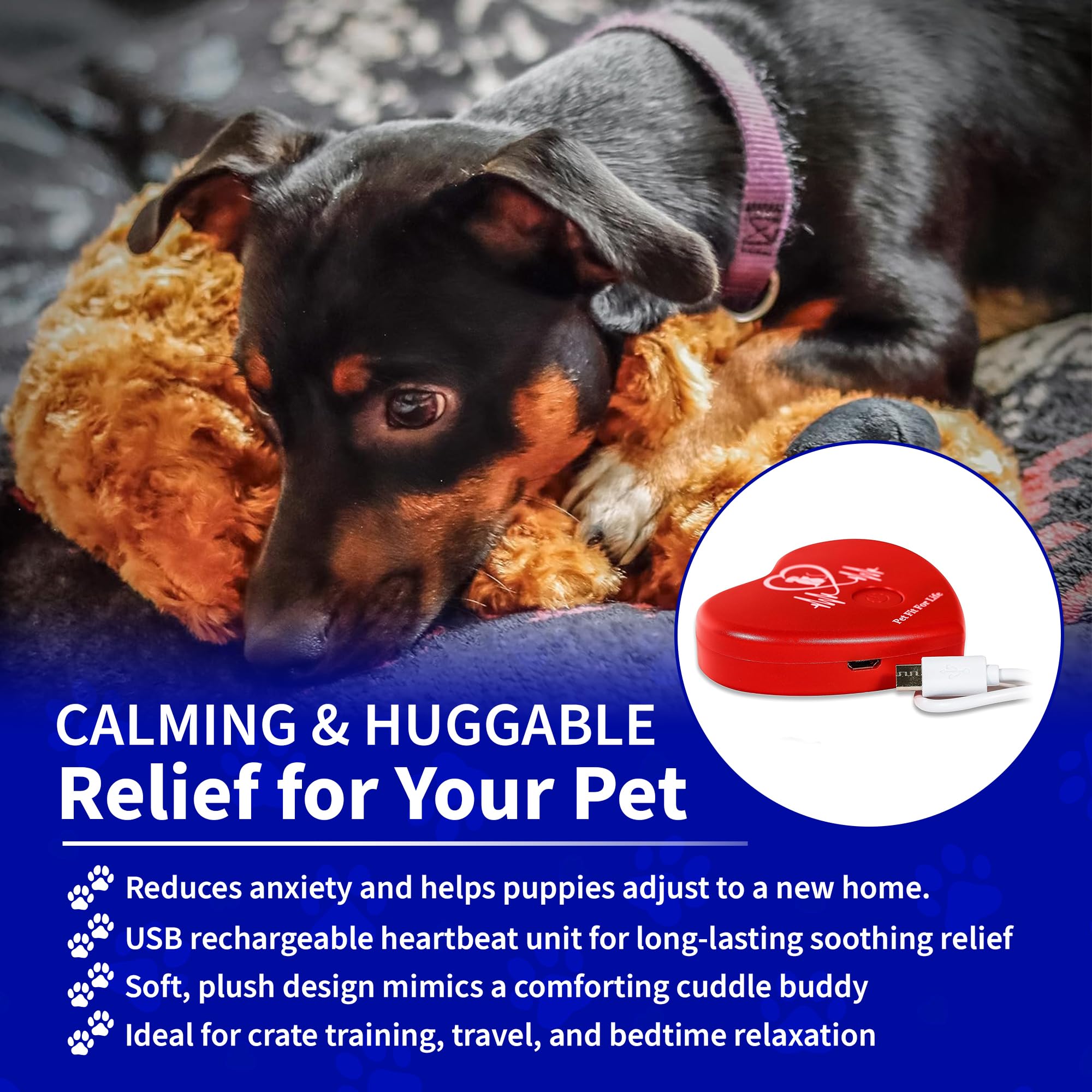 Pet Fit For Life Heartbeat - Juguete para perros con calor para calmar la ansiedad, ayuda para dormir para cachorros con simulador de latido cardíaco recargable por USB e inserto de almohadilla de