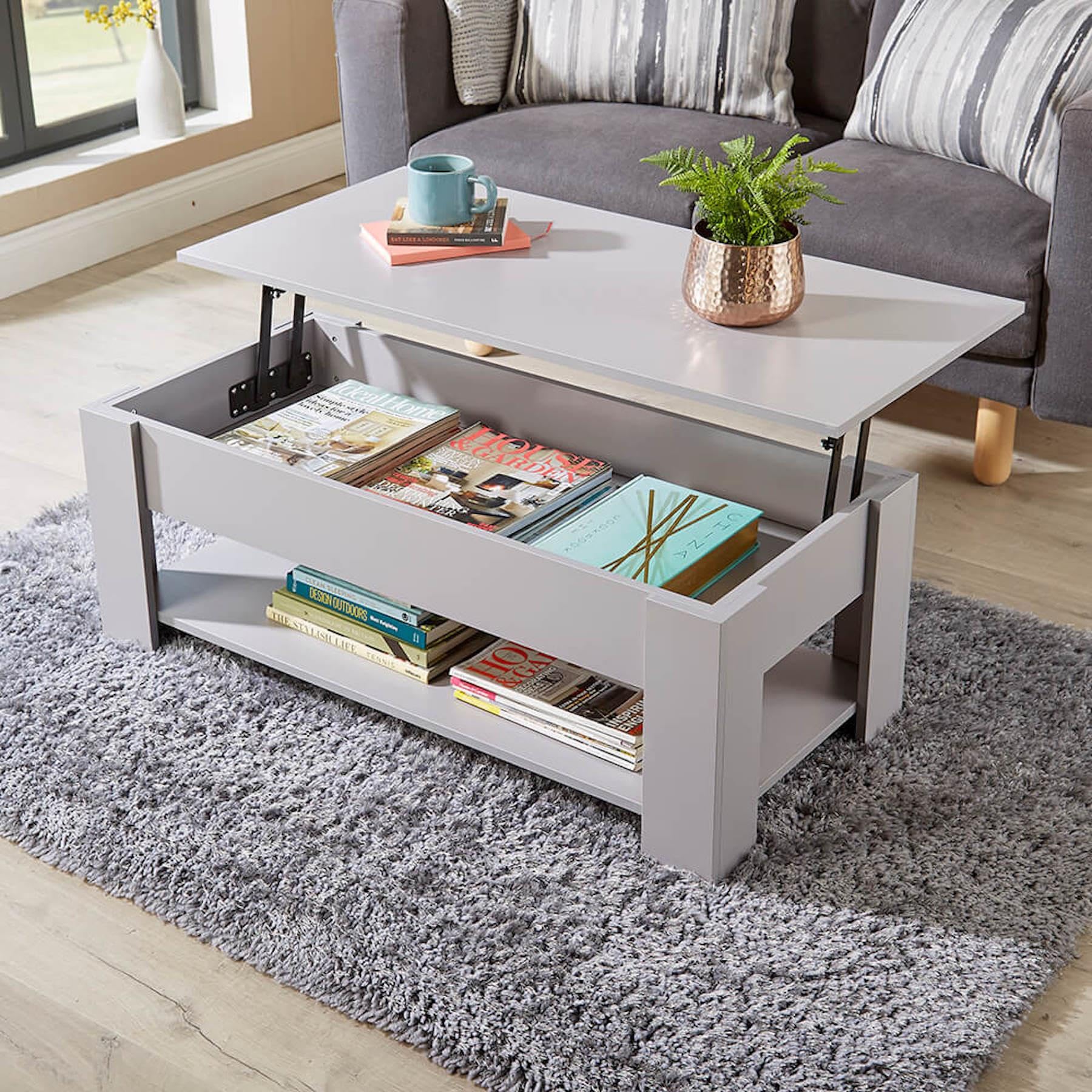 Home SourceCoffee Table with Lift Up Top Storage Area and Magazine Shelf, Grey