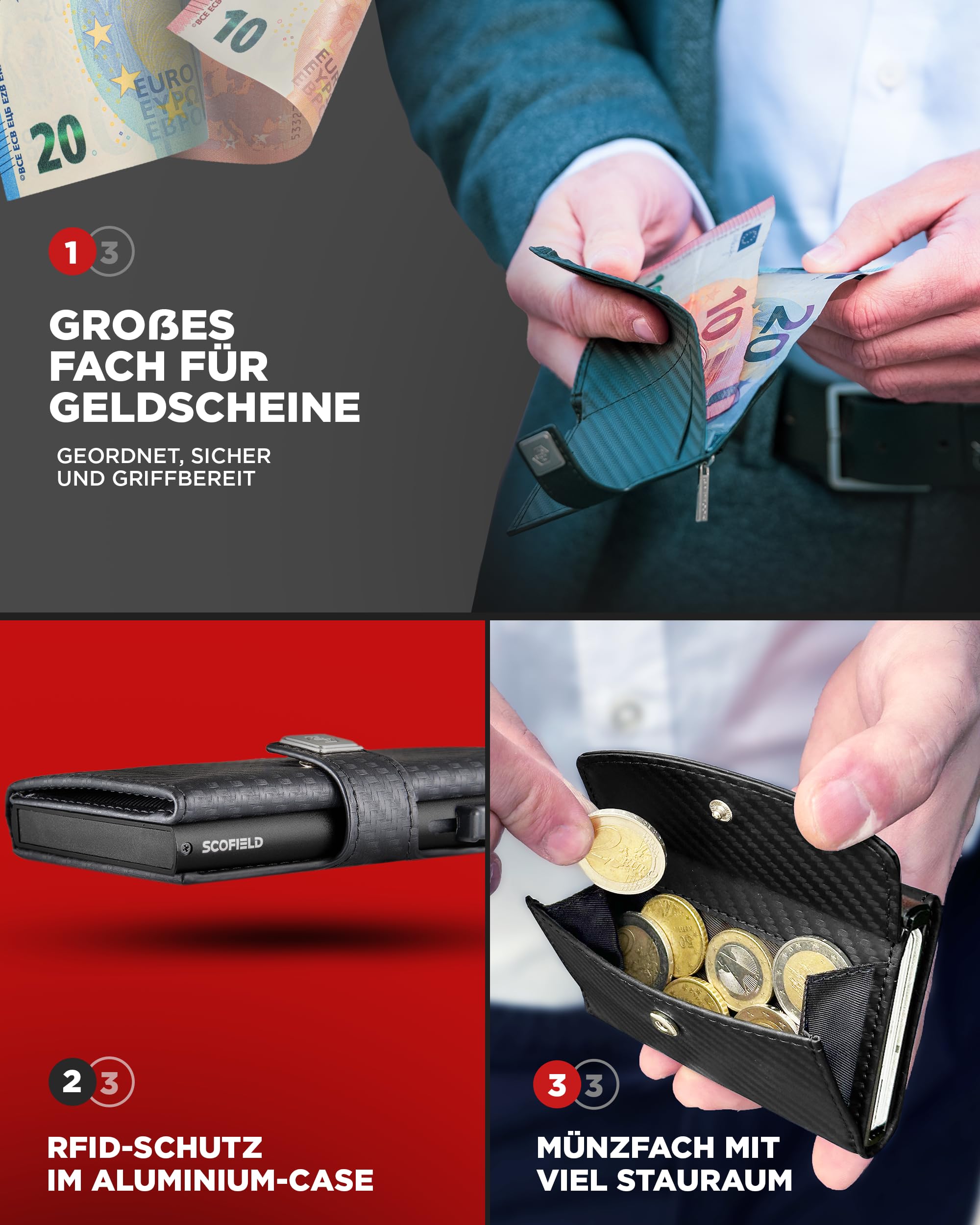 SF SCOFIELD Portfel męski | portfel męski na 11-12 kart | portfel ochrona RFID | portmonetka | portfel dla mężczyzn | Smart Wallet | etui na karty kredytowe | Slim Wallet | etui na karty małe, Carbon