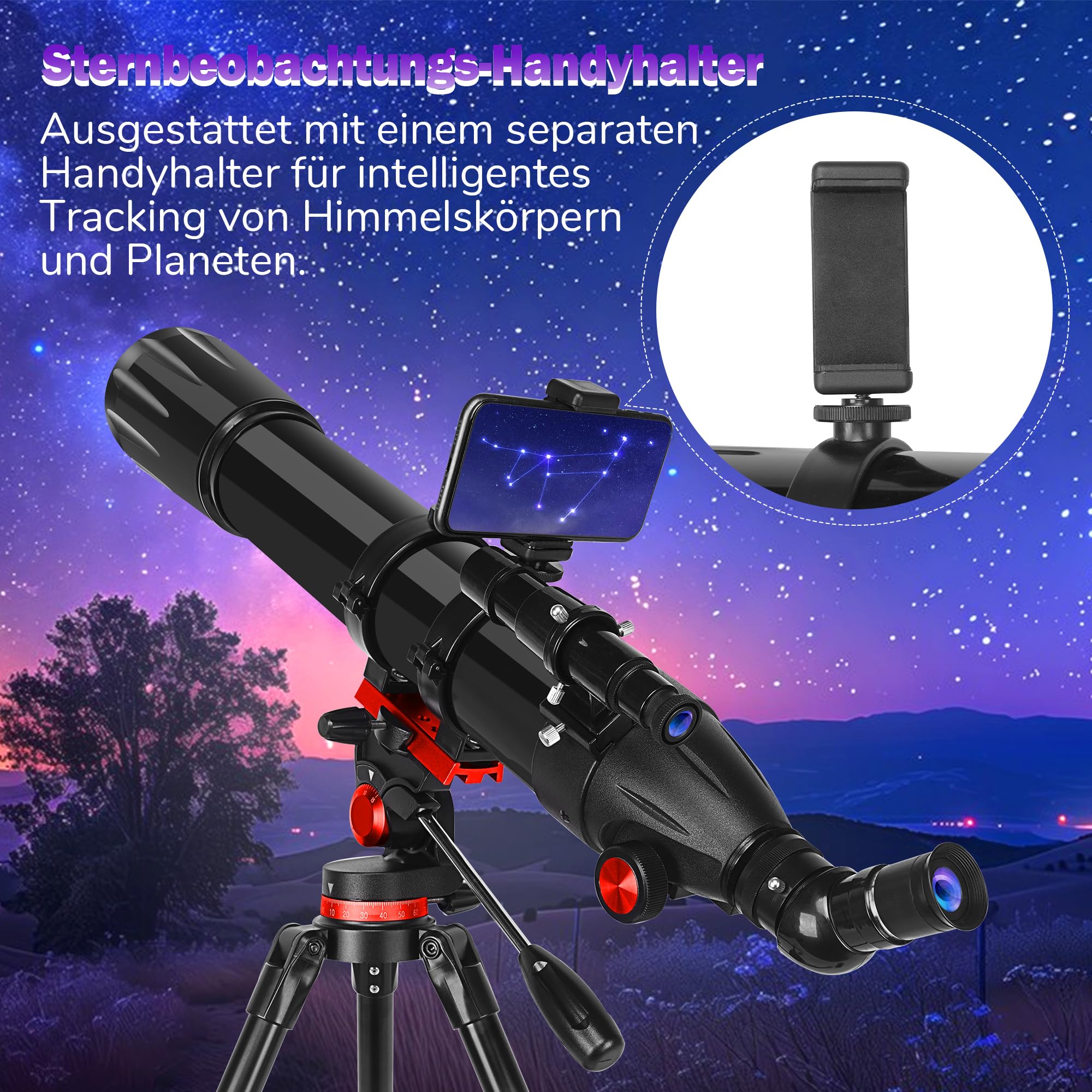 HETEKAN Teleskop 90mm Öffnung 900mm Brennweite, Refraktor-Teleskop für Erwachsene und Anfänger, 36X-450X Astronomie-Teleskop zur Mond- und Planetenbeobachtung mit Edelstahlstativ und Handyadapter