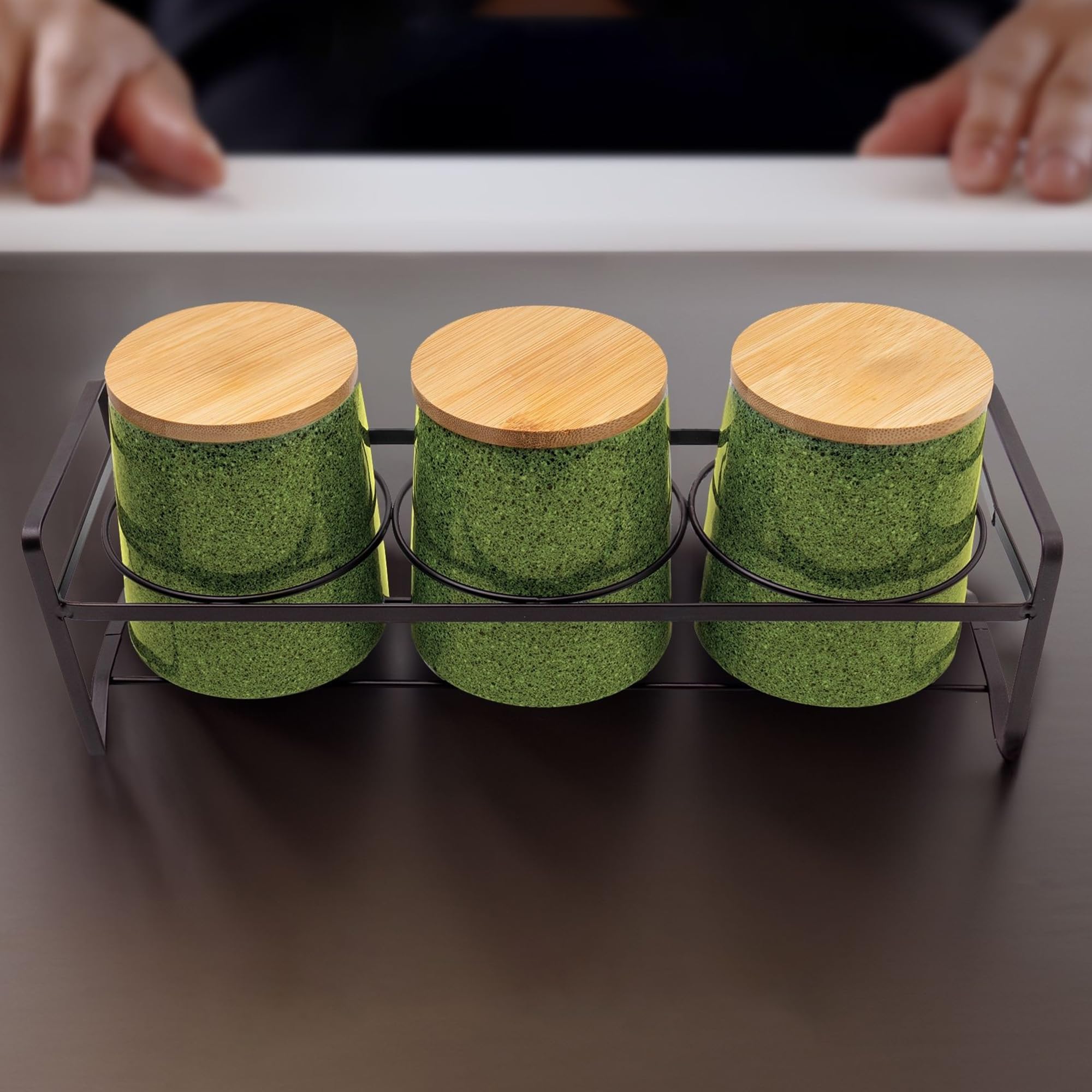 Kuber Industries Set of 3 (650ml) Airtight Ceramic Salt Jar Storage Set with Bamboo Wooden Lid & Iron Stand For Kitchen Condiment | Chini Mitti Barni Pots Container for Spices | Green-HHD5013S-GN