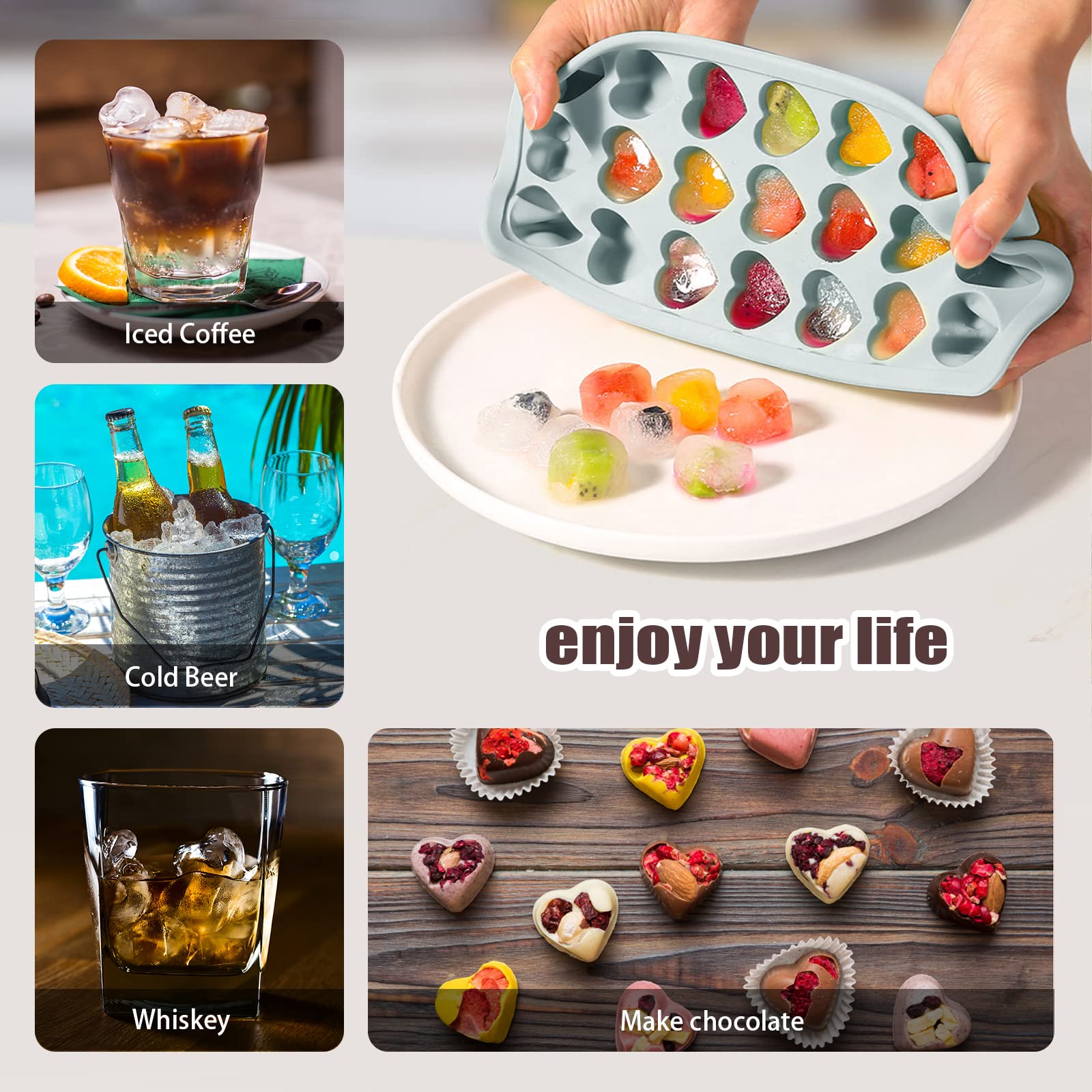 Bandeja de cubitos de hielo en forma de corazón, molde de silicona de 21 agujeros con tapa extraíble, flexible para whisky, cóctel, chocolate, día de San Valentín (gris)