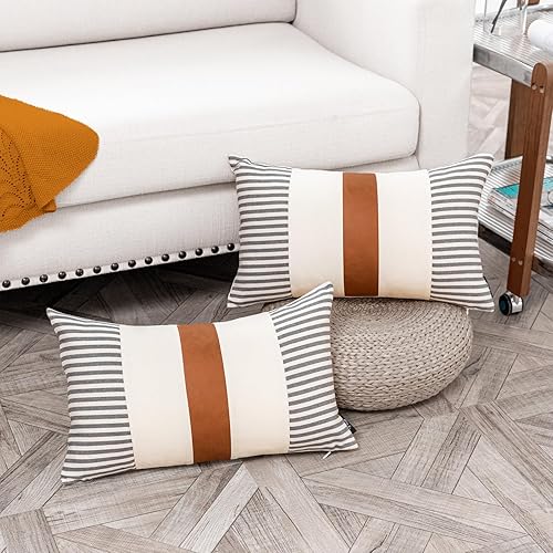 Miniatura 9 de Juego de 2 fundas de almohada decorativas marrón y negro, fundas de almohada de 12 x 20 pulgadas, moderna funda de almohada de piel sintética para