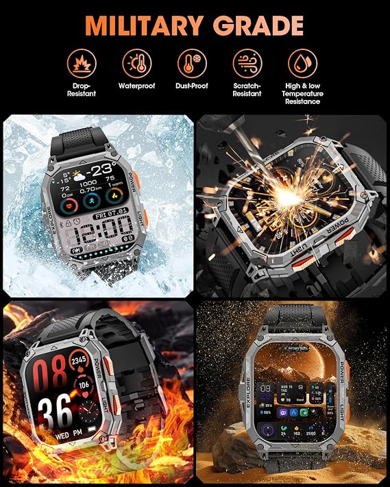 Military Smart Watches for Men, 2.01 HD Smartwatch with 1000 mAh Battery/2 Straps/Answer/Make Call/Led Flashlight/Heart Rate/Sleep Monitor, 100+ Sport Modes Fitness Tracker for Android/iPhone