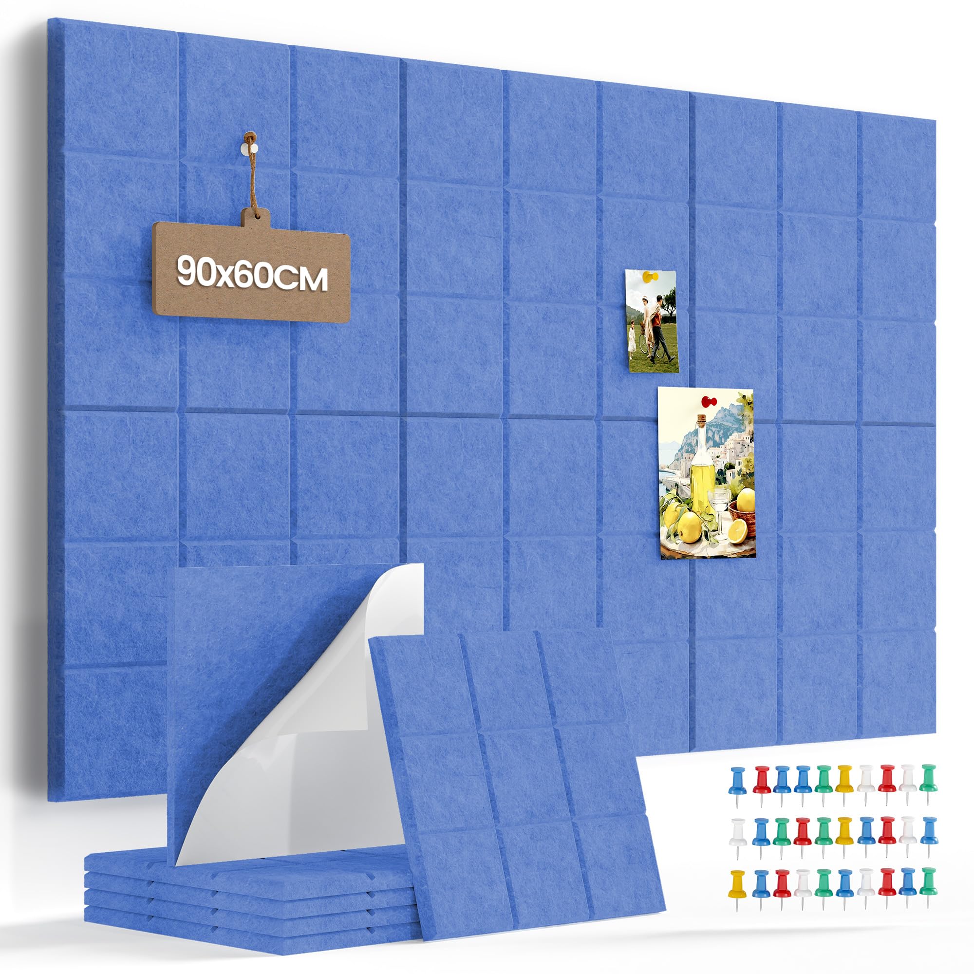 Uoisaiko 90 x 60cm Large Felt Pin Board for Walls, 6 Pack DIY Bulletin Board Tiles, 0.9cm Thick Cork Board Alternative with 30 Push Pins, Acoustic Vision Board for Office, School & Home Decor, Blue — image 1