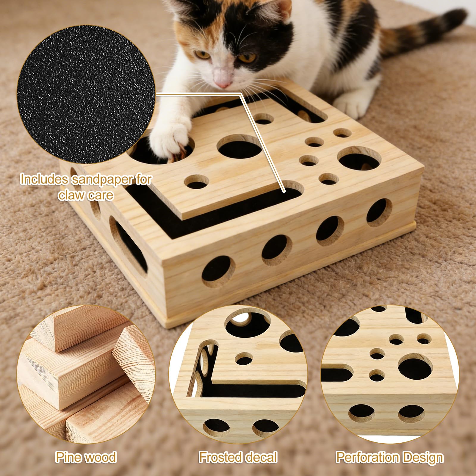 2 en 1 Jouet Interactif pour Chat, Jeu Chat Interactif, Griffoire a Chat pour Griffes Boîte à Ongles pour Chat Contenant du Papier de Verre pour Le Soin des Griffes, Boîte Puzzle à Gratter