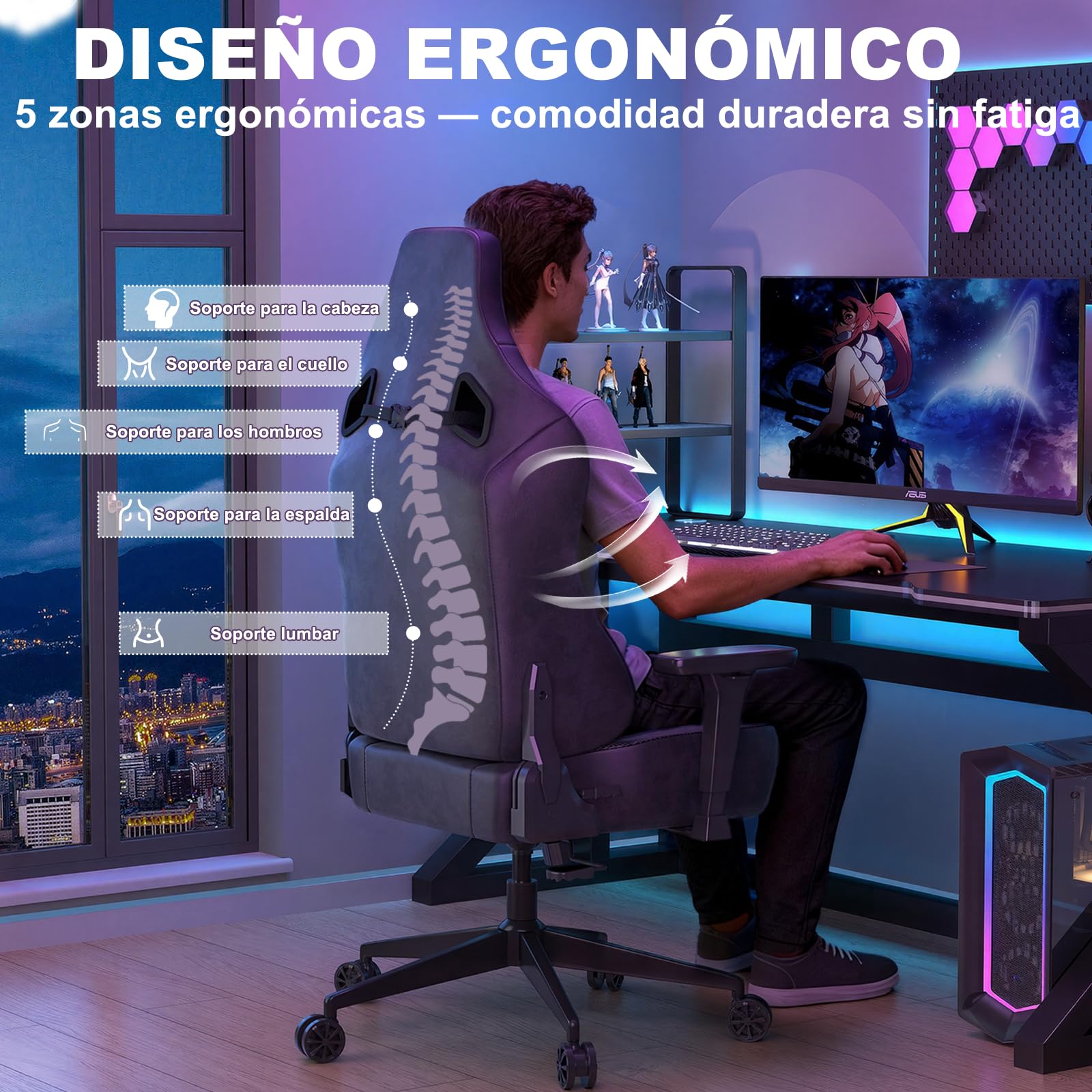 Devoko Silla Gamer Ergonómica para Oficina y Ordenador, Gamuza Suave, Reposabrazos 3D, Espuma Moldeada, Cojín Lumbar Ajustable, Base Metálica Fuerte, 180 kg, Gris Carbón