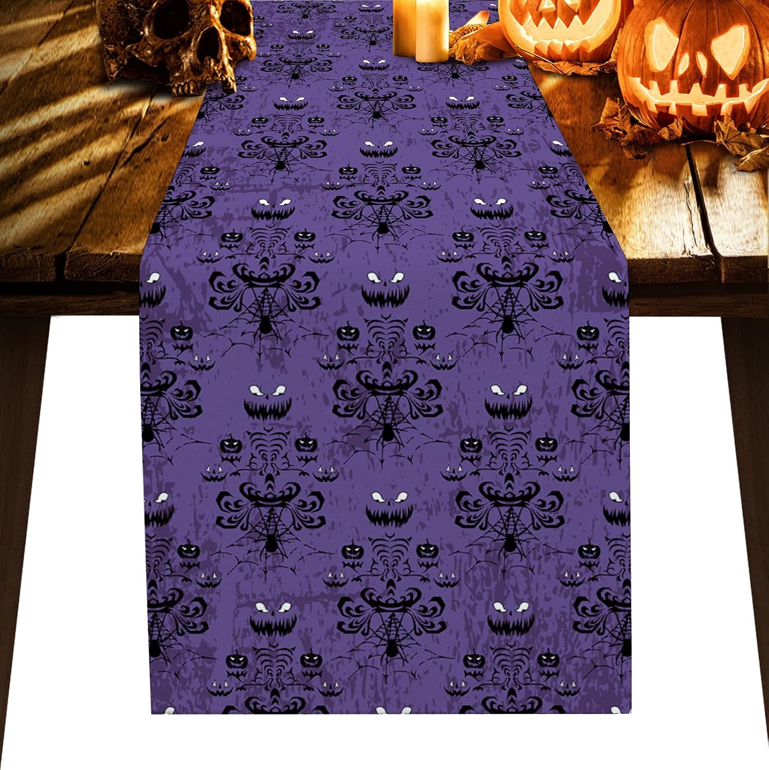 Linen Burlap Table Runner Dresser Scarves, Haunted Halloween Mansion - Grim Grinning Ghosts Decor Rectangular Table Runners for Party Decoration Baby Shower Birthday Bachelor Party Holiday 13x108Inch