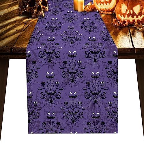 Camino de mesa de arpillera de lino, bufandas de tocador, mansión encantada de Halloween, decoración de fantasmas sonrientes sombríos, caminos de