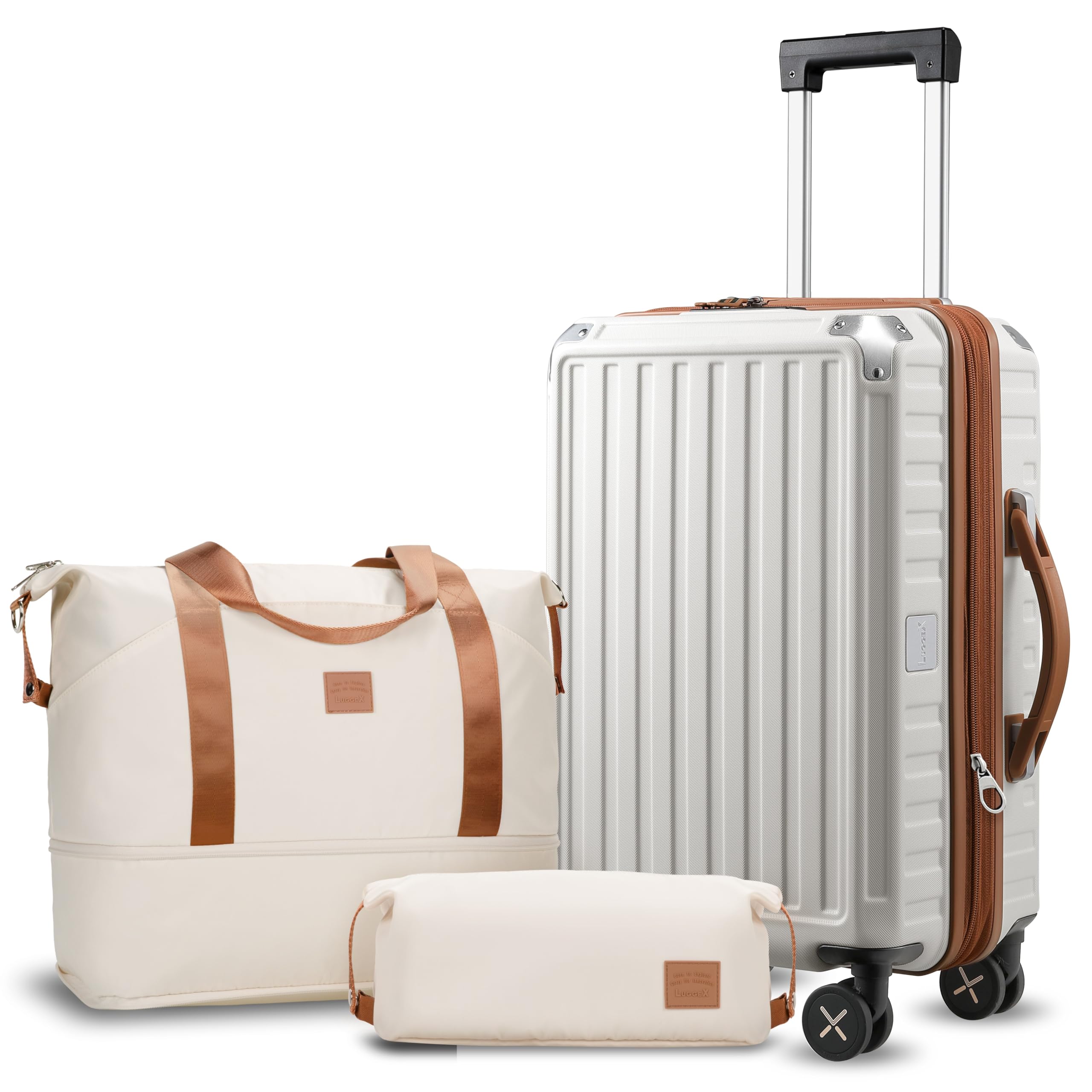 LUGGEX Carry On Luggage Set 3 Piece, Expandable Both Luggage and Underseat Tote Bag, Polycarbonate Hard Shell Suitcase with 8 Spinner Wheels, White Brown