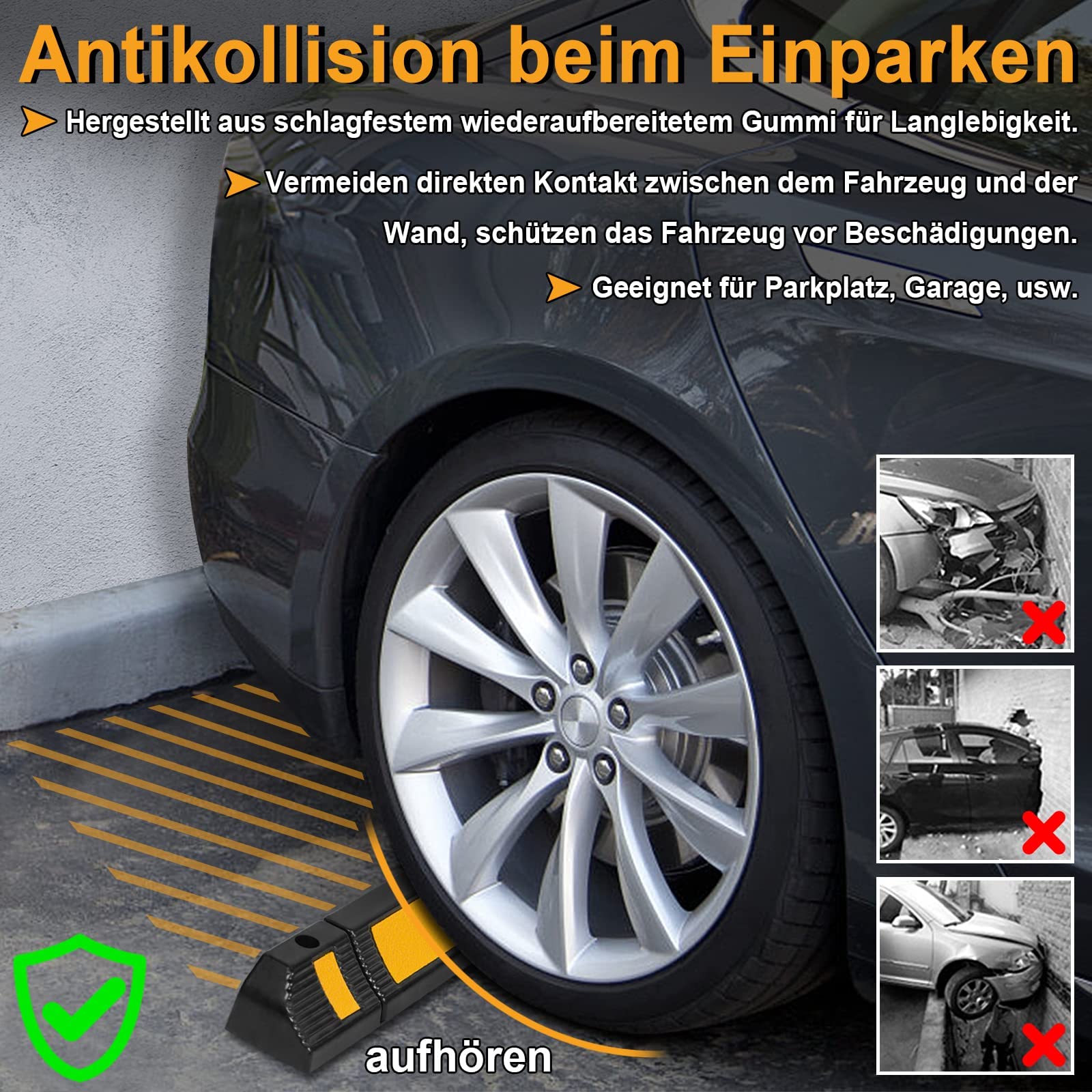 LZQ Gumowy stoper parkingowy z żółtymi paskami odblaskowymi do garaży i parkingów komercyjnych (60 x 12 x 10 cm)