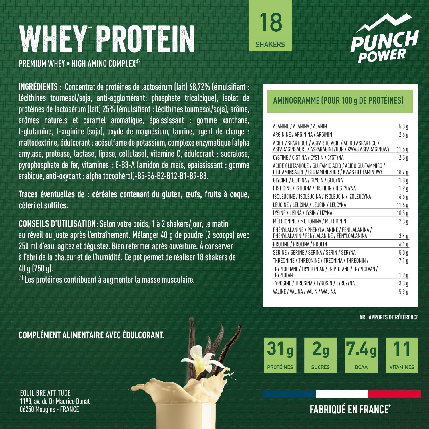 PUNCH POWER Protéine Pure Whey Vanille Intense - Poudre protéinée pour sportifs - Boîte de 750 g - Fabriquée en France - Assimilation rapide - Croissance musculaire