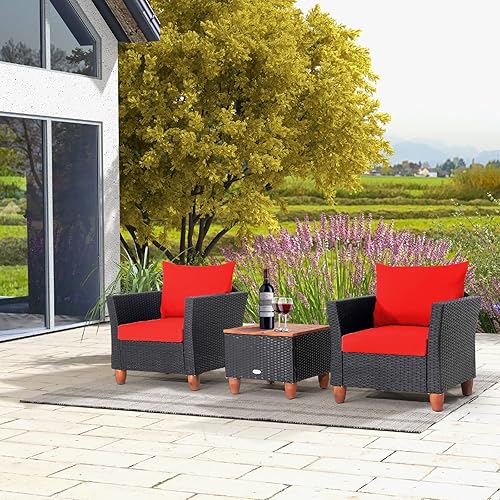 Miniatura 3 de Tangkula Juego de 3 muebles de porche de patio, sillas de mimbre de ratán de polietileno con cojines y mesa de almacenamiento, juego de bistró de