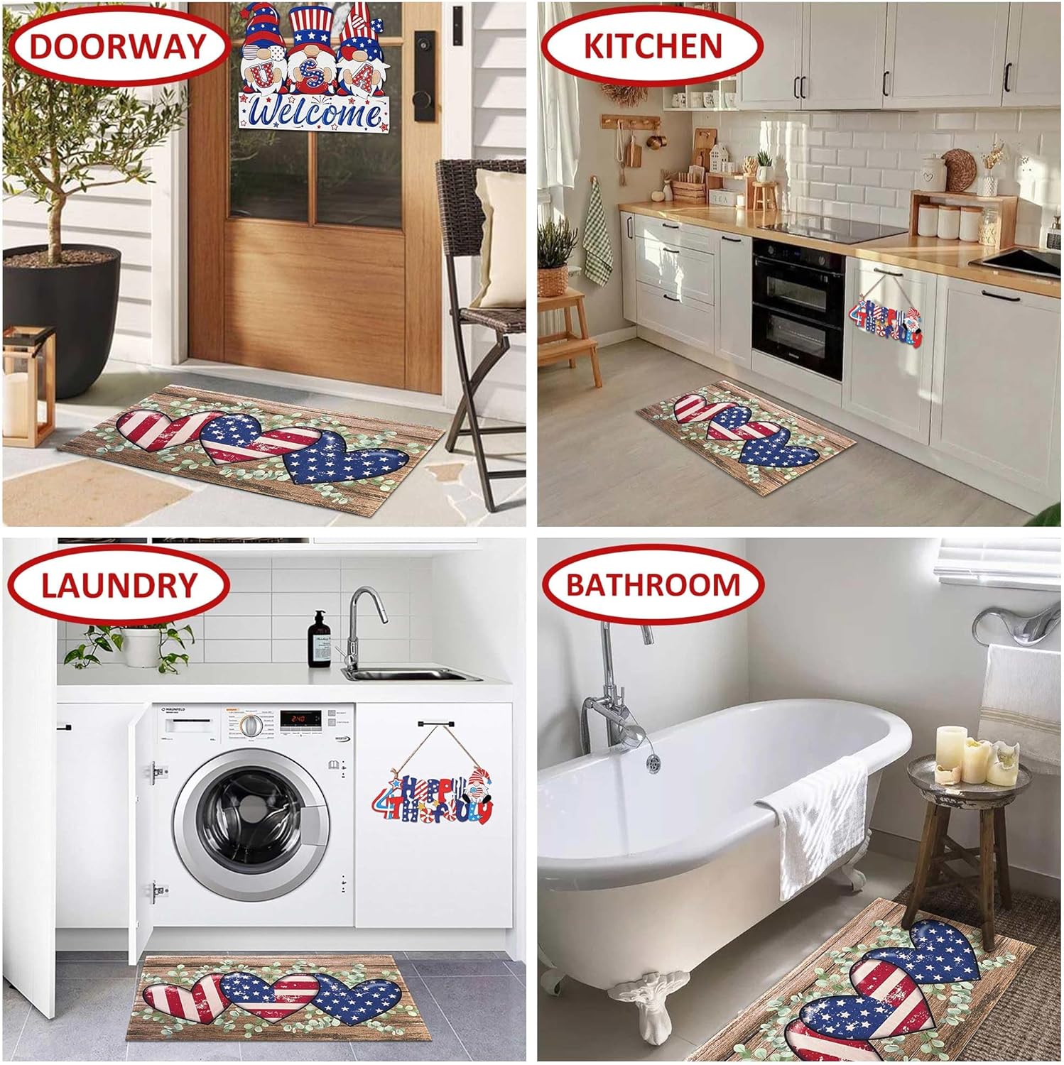 4th of July America Stars Stripes Eucalyptus Leaves Patriotic Doormat, Memorial Day Independence Day Home Decor Low-Profile Door Mat for Indoor Outdoor 17x30 Inch