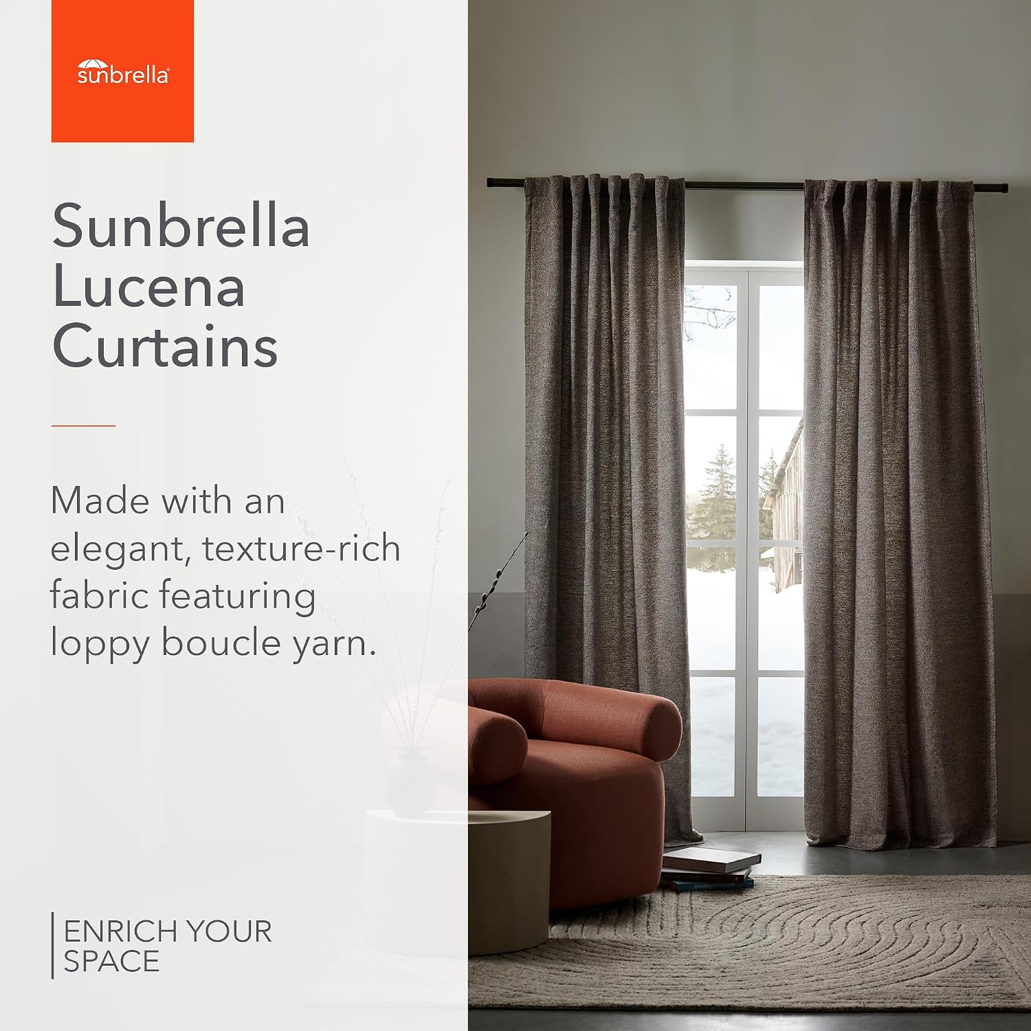 Sunbrella Lucena Light Filtering Curtains | 50 in. W X 84 in. L | Mushroom | Fade Proof Drapes with UV Protection | Versatile Hanging Options for Home Decor | Single Curtain Panel