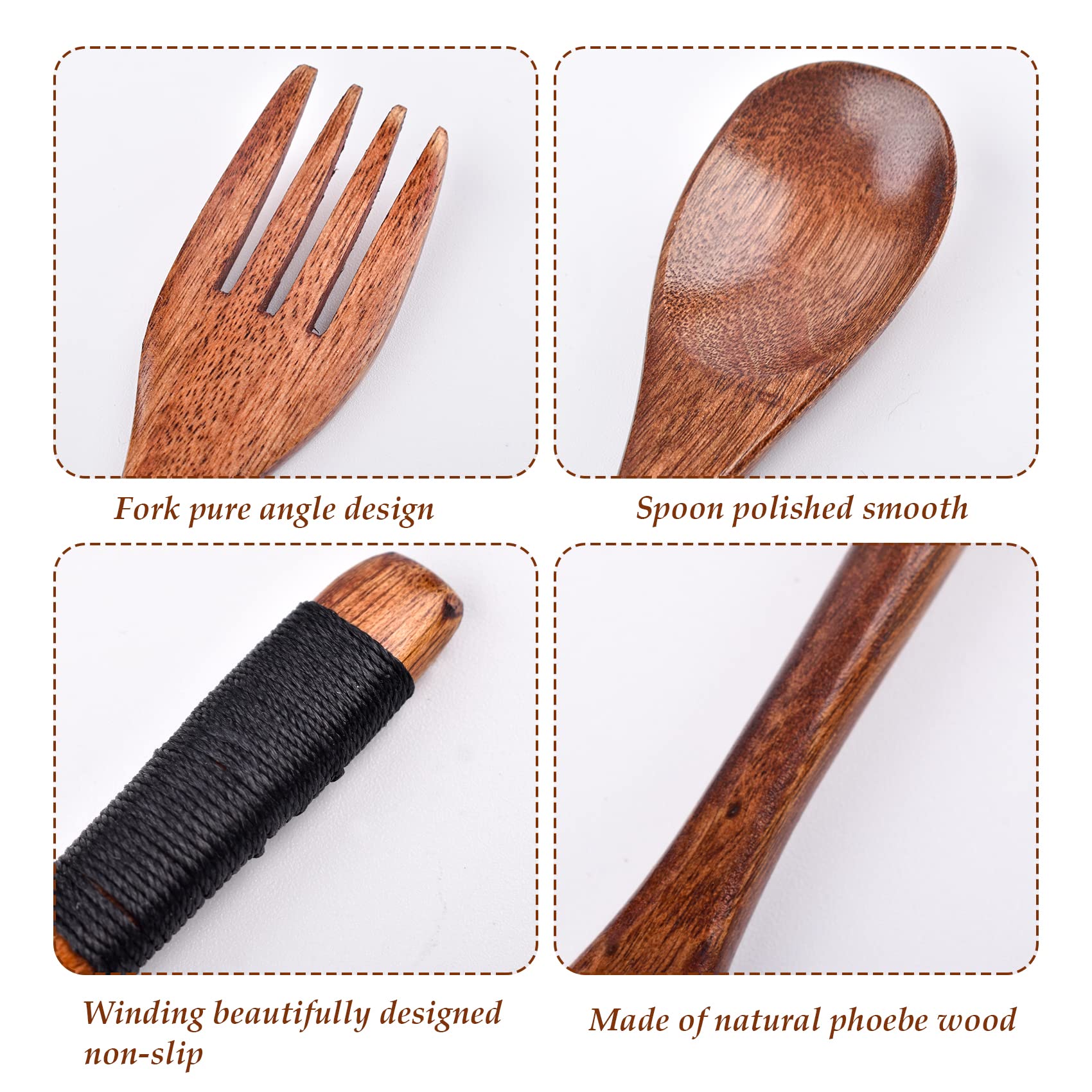 Wooden Cutlery Set, Spoon And Fork Set, Reusable Travel Cutlery with Case, Portable Utensils, Rope Winding Processing, for Lunch, Camping, Travel, Household, Office